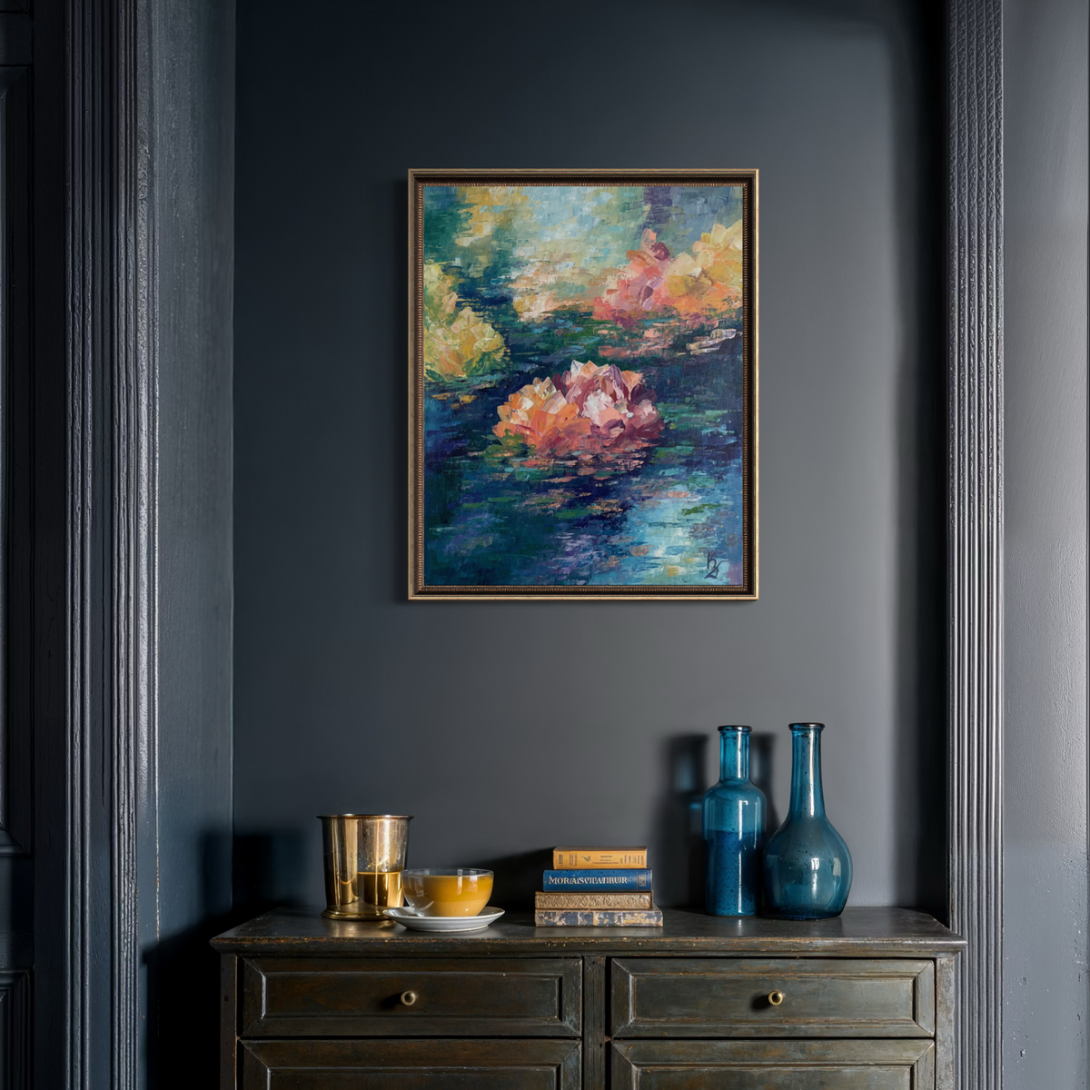 Lily pond. Indigo. Print