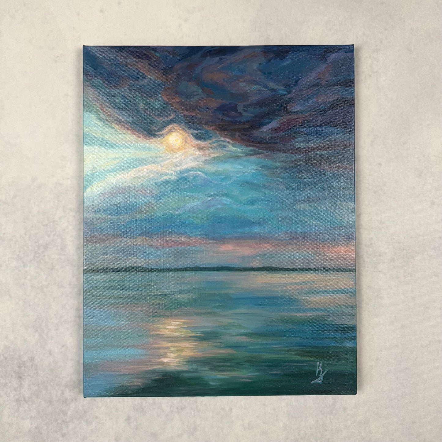 Serenity unshaken. Optimistic original seascape painting on canvas, lake, storm, blue