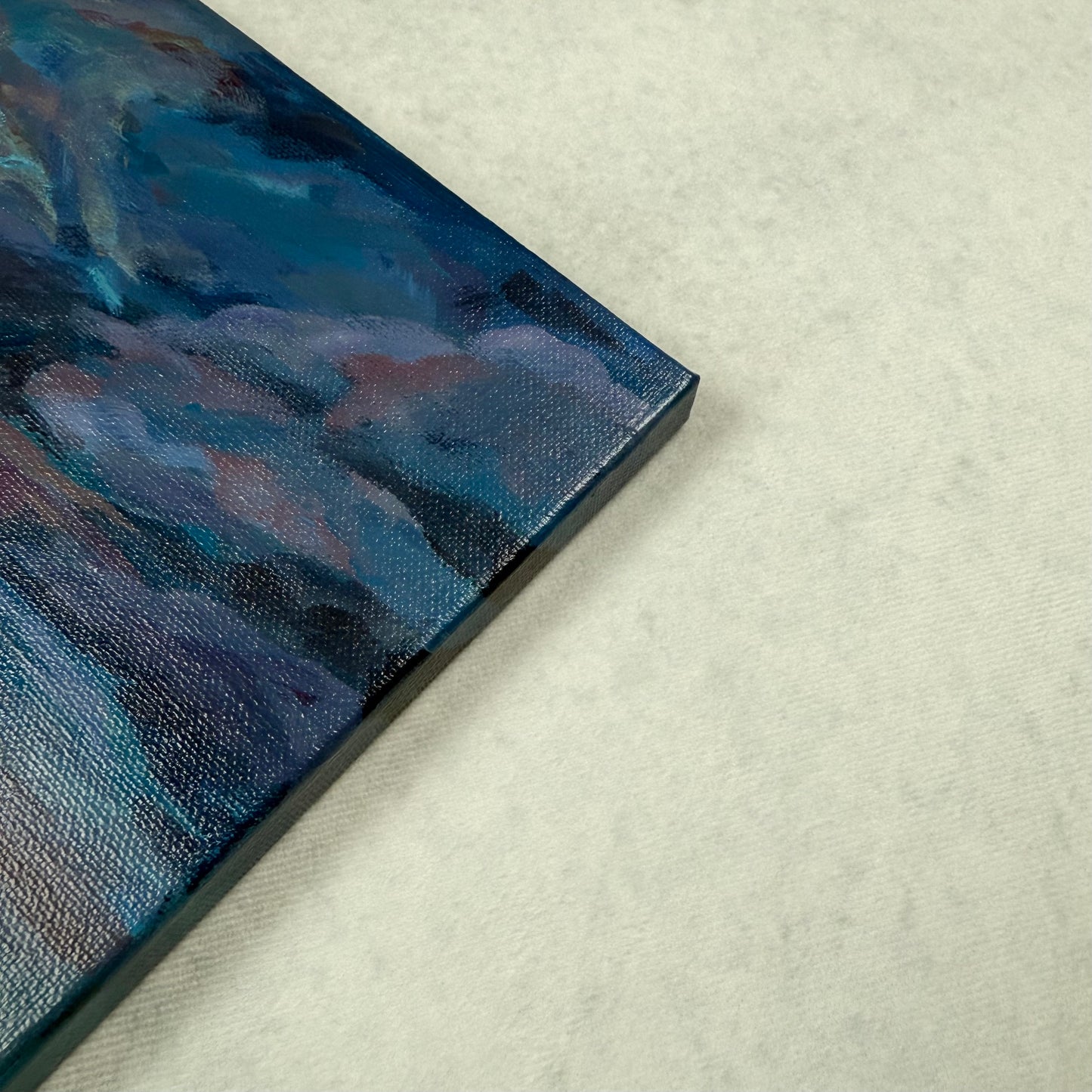 Serenity unshaken. Optimistic original seascape painting on canvas, lake, storm, blue