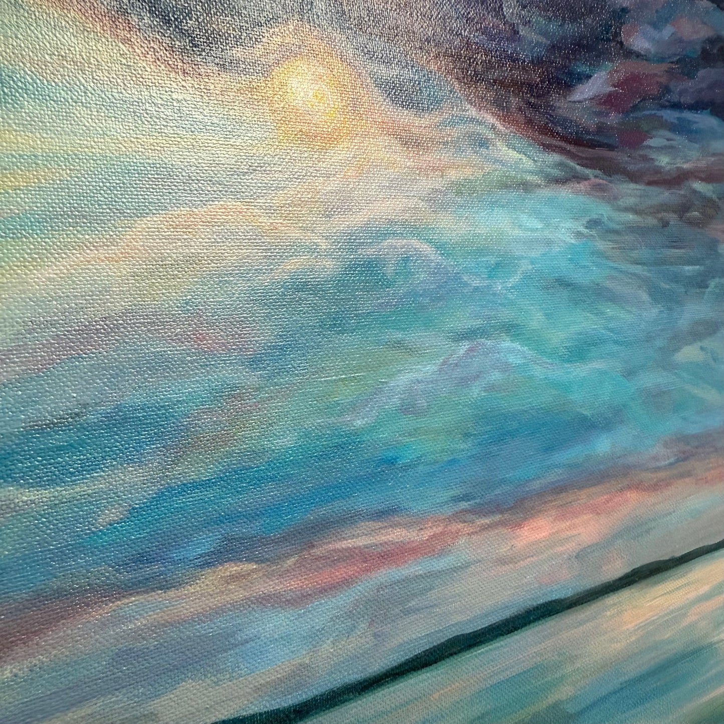 Serenity unshaken. Optimistic original seascape painting on canvas, lake, storm, blue