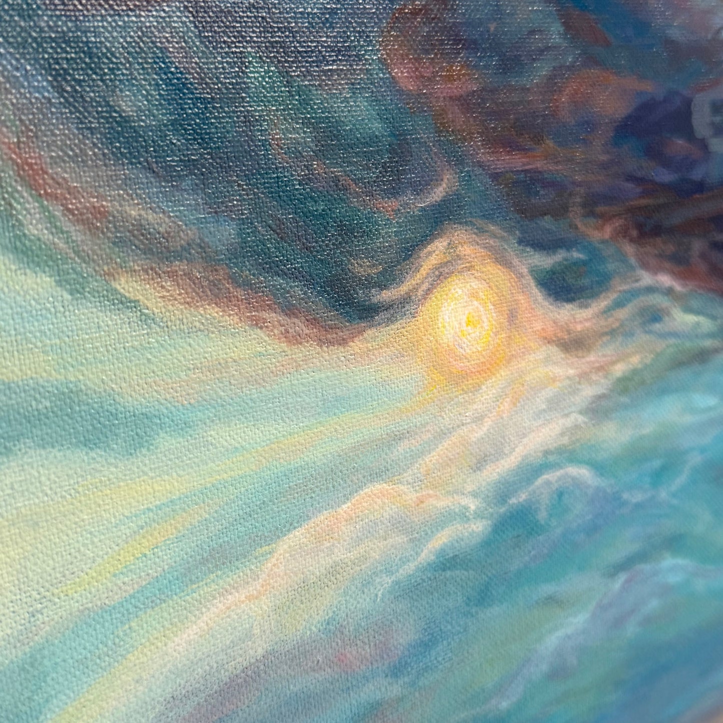 Serenity unshaken. Optimistic original seascape painting on canvas, lake, storm, blue