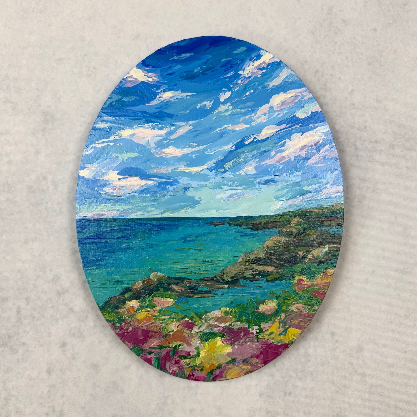 Stillness in Bloom. Wild flowers. Art, wall decor, optimistic original signed oval landscape painting on canvas