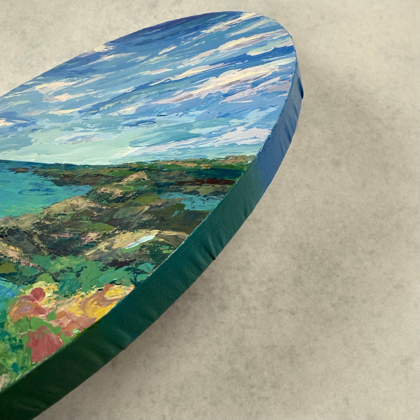 Stillness in Bloom. Wild flowers. Art, wall decor, optimistic original signed oval landscape painting on canvas