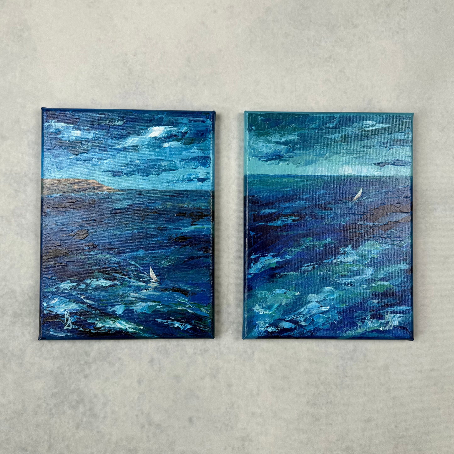 Sailboat. Wall art, set of 2 optimistic original abstract seascape ocean sailboat signed paintings on canvas, nautical decor, blue