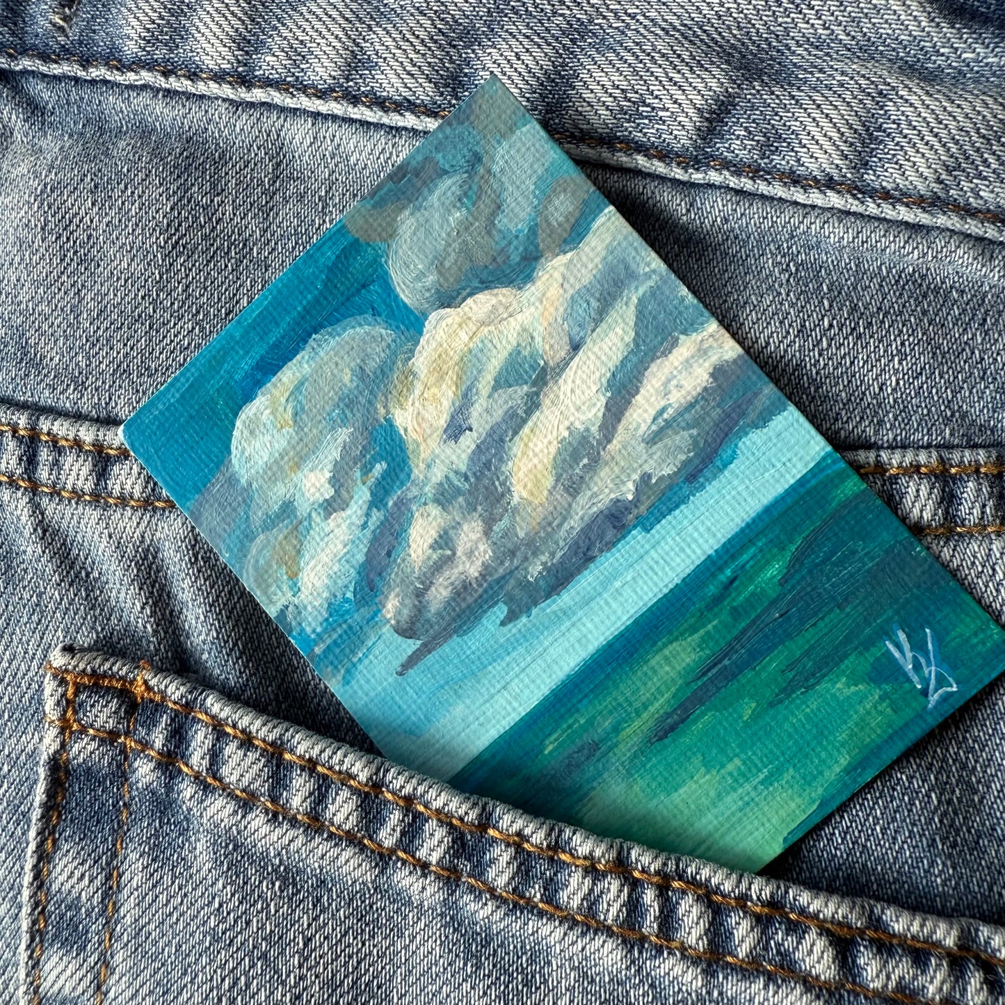 Clouds shadow. Teal. 1 Original miniature signed painting, ACEO acrylic, blue, green , collectible