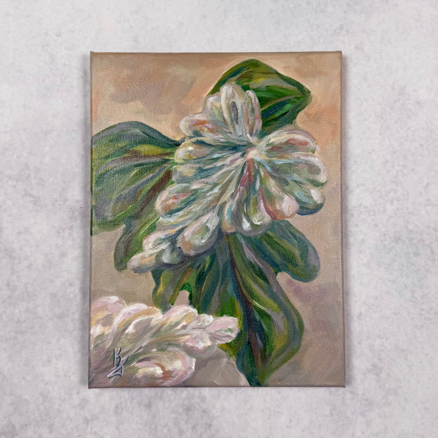 Blushing leaves. Art, wall decor, optimistic original signed abstract tropical leaves painting on canvas