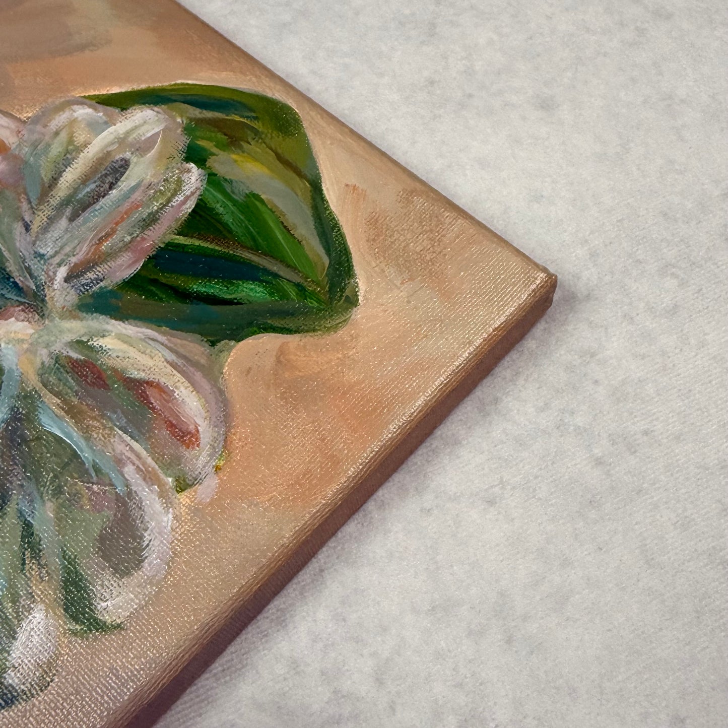 Blushing leaves. Art, wall decor, optimistic original signed abstract tropical leaves painting on canvas