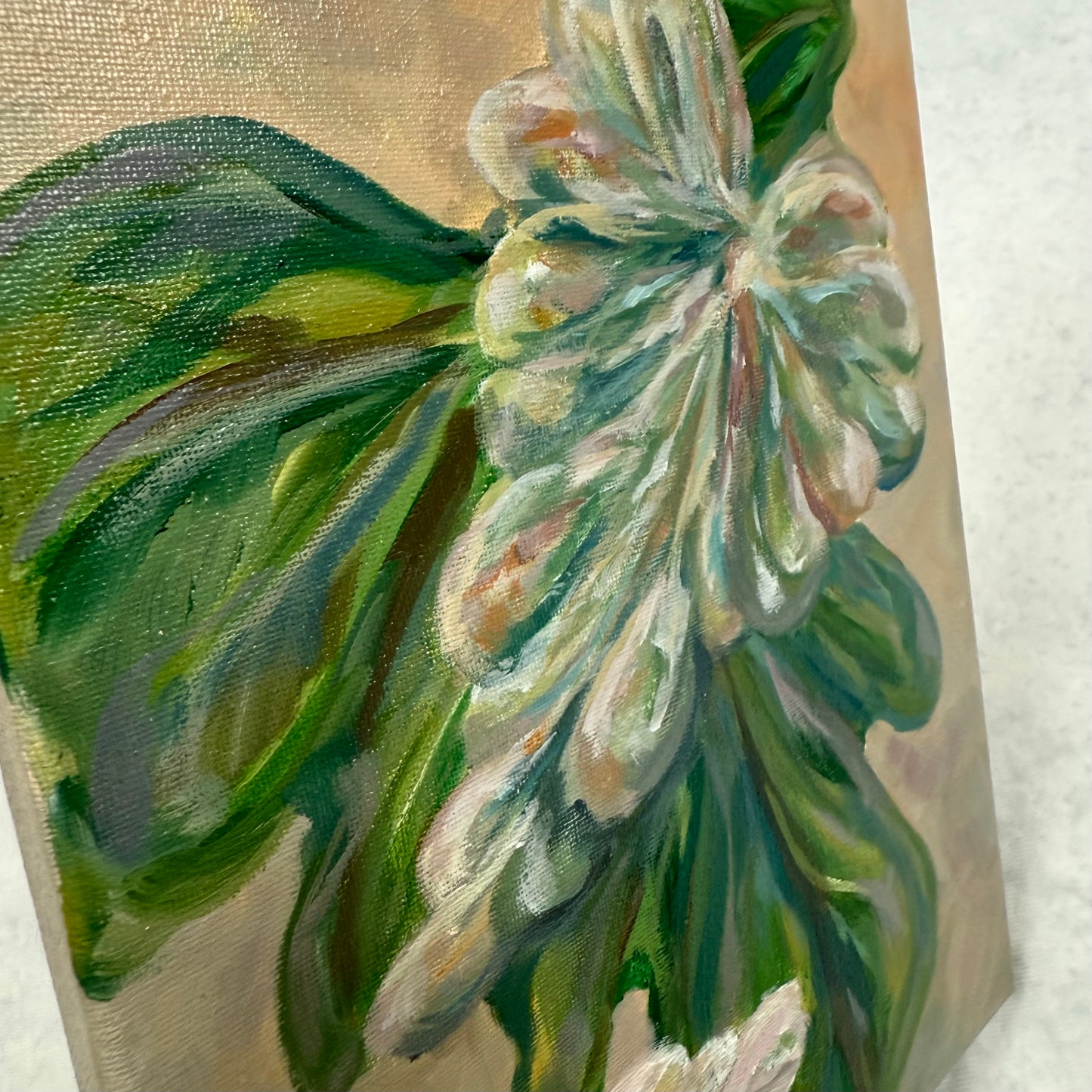 Blushing leaves. Art, wall decor, optimistic original signed abstract tropical leaves painting on canvas
