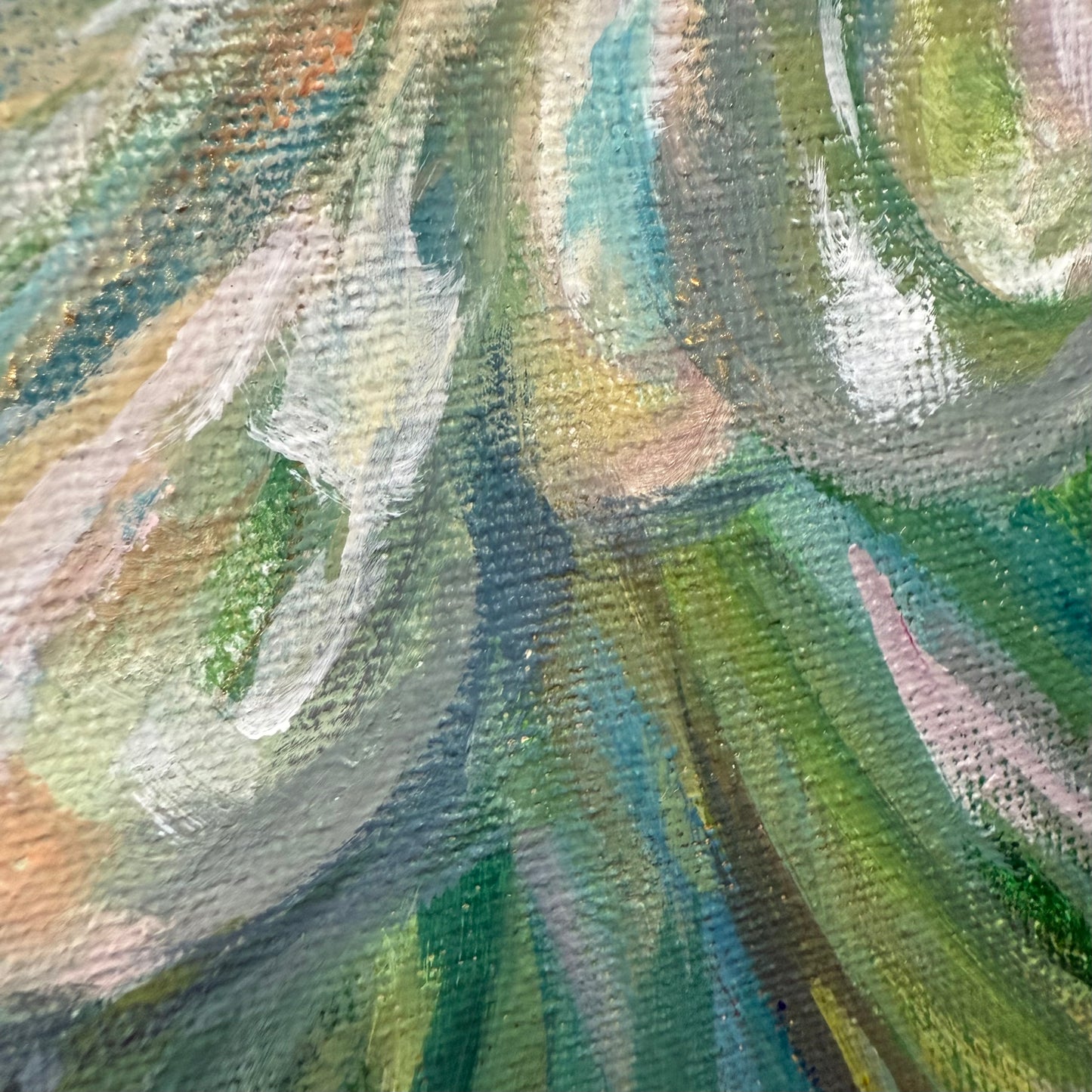 Blushing leaves. Art, wall decor, optimistic original signed abstract tropical leaves painting on canvas