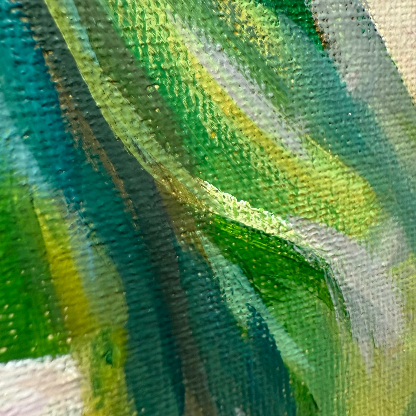 Blushing leaves. Art, wall decor, optimistic original signed abstract tropical leaves painting on canvas