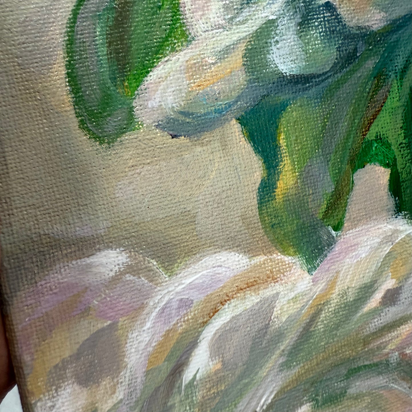 Blushing leaves. Art, wall decor, optimistic original signed abstract tropical leaves painting on canvas