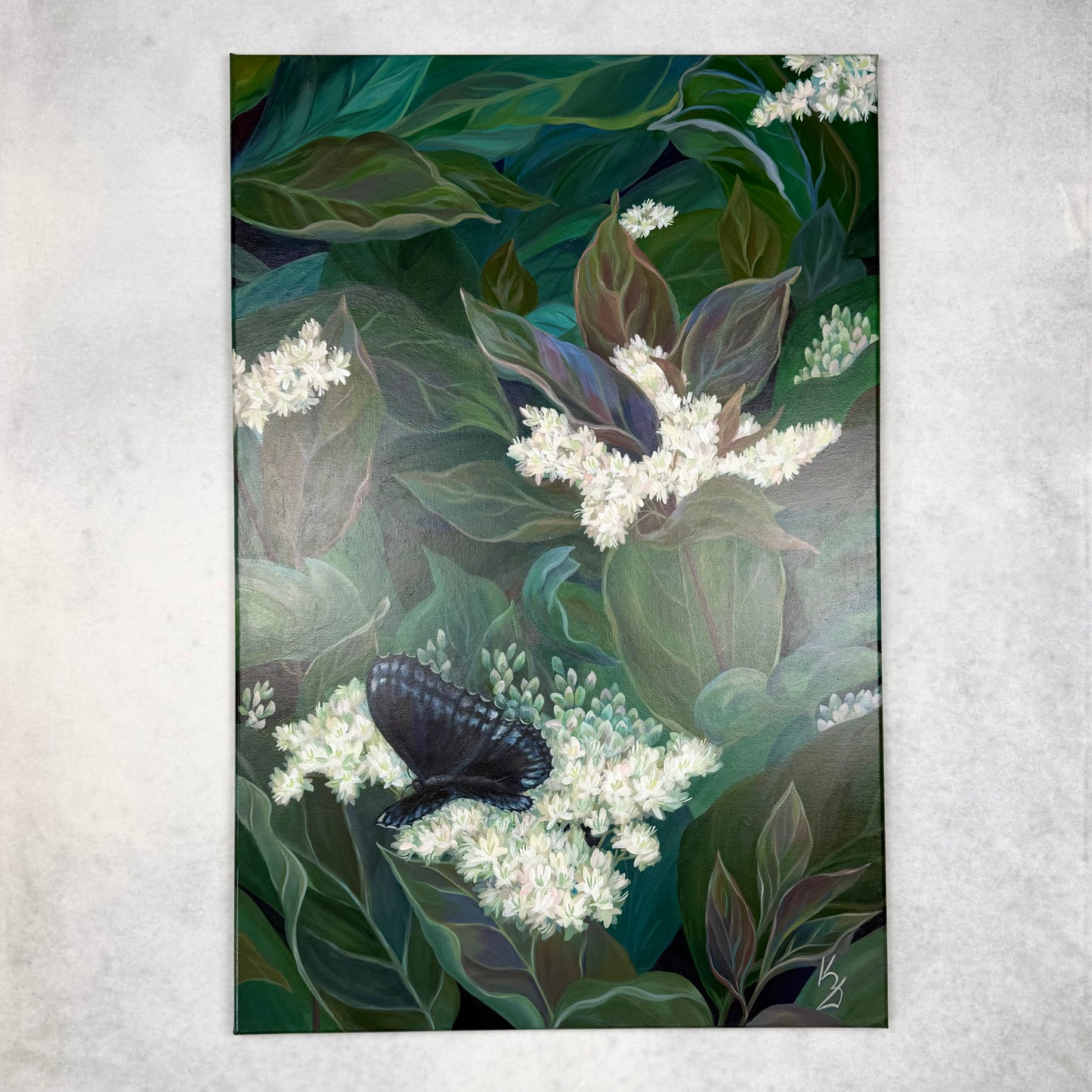 Trail Secrets. Dogwood. Art, decor, optimistic original signed large botanical painting on canvas, green, butterfly