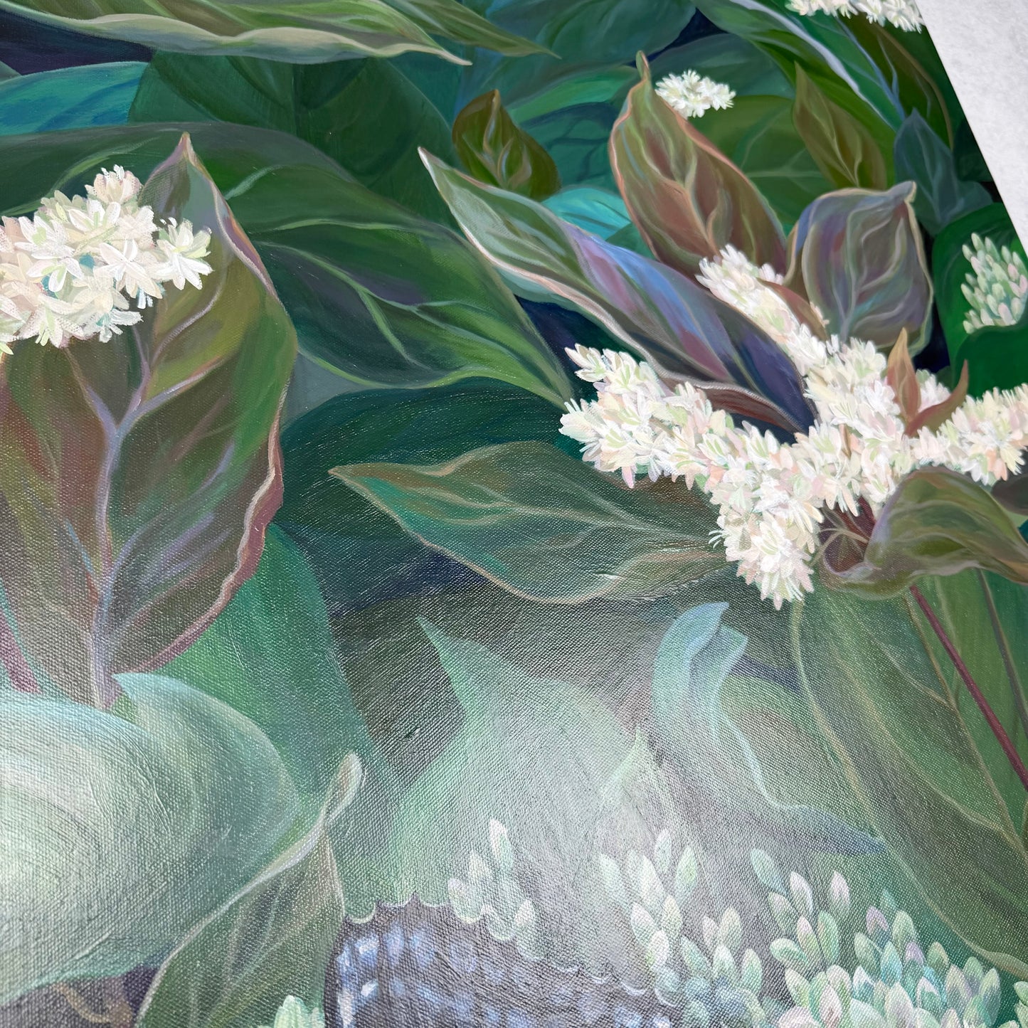 Trail Secrets. Dogwood. Art, decor, optimistic original signed large botanical painting on canvas, green, butterfly