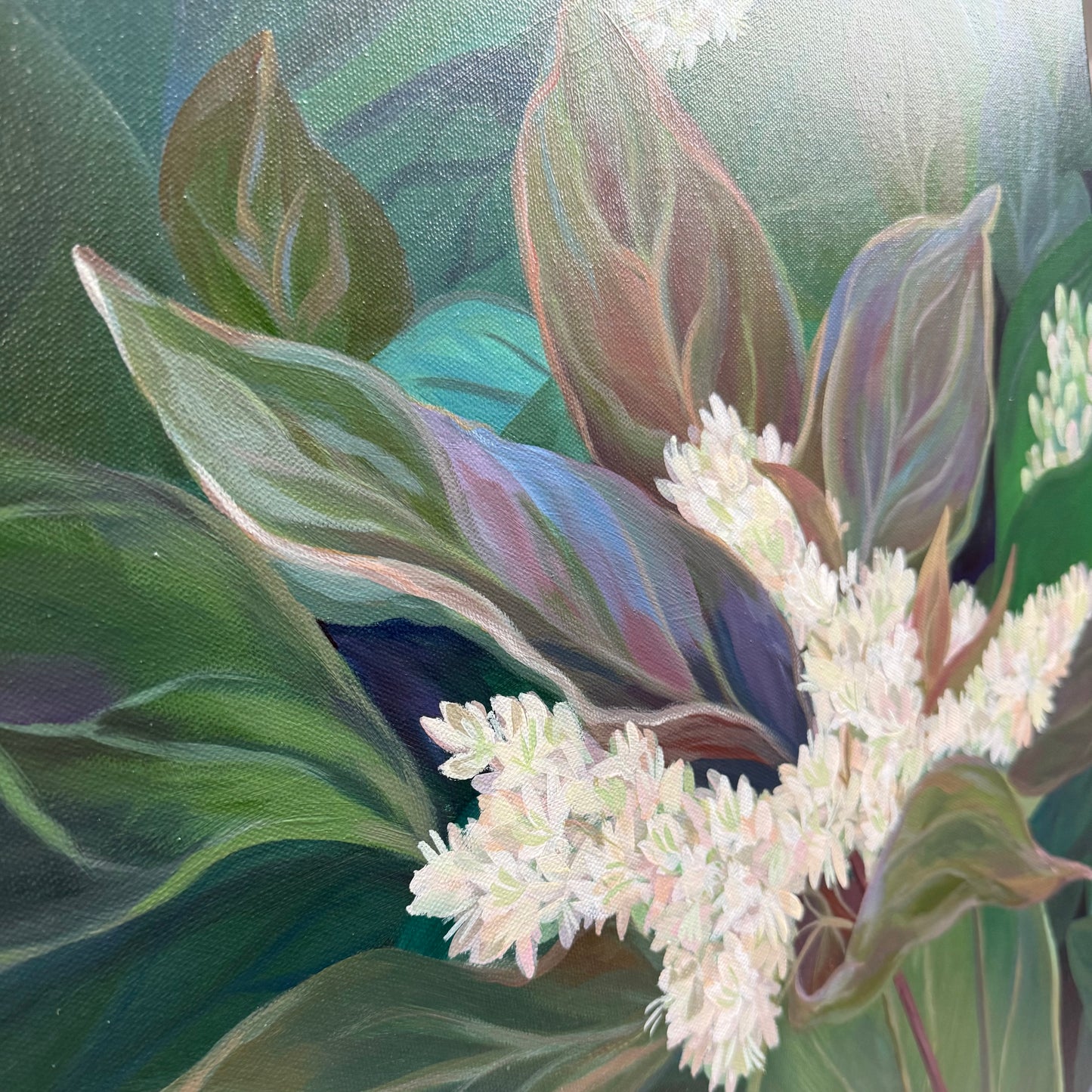 Trail Secrets. Dogwood. Art, decor, optimistic original signed large botanical painting on canvas, green, butterfly