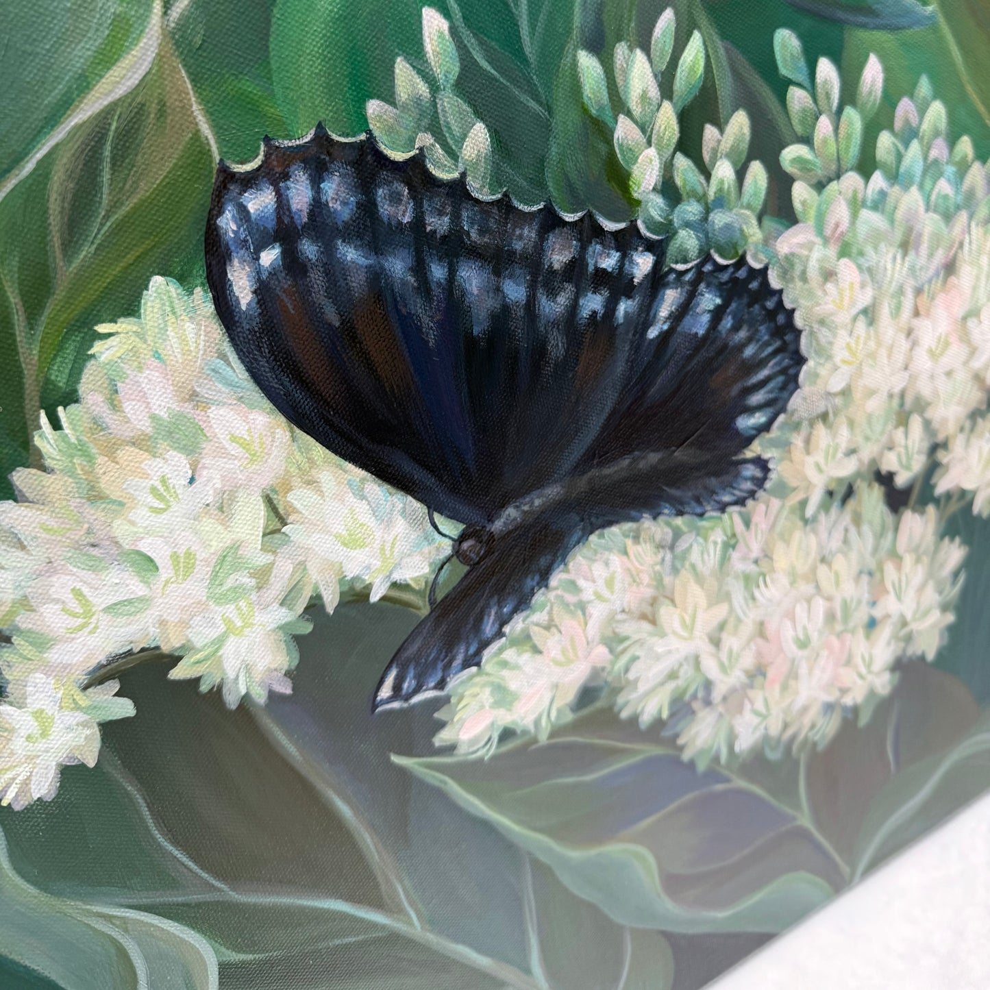 Trail Secrets. Dogwood. Art, decor, optimistic original signed large botanical painting on canvas, green, butterfly