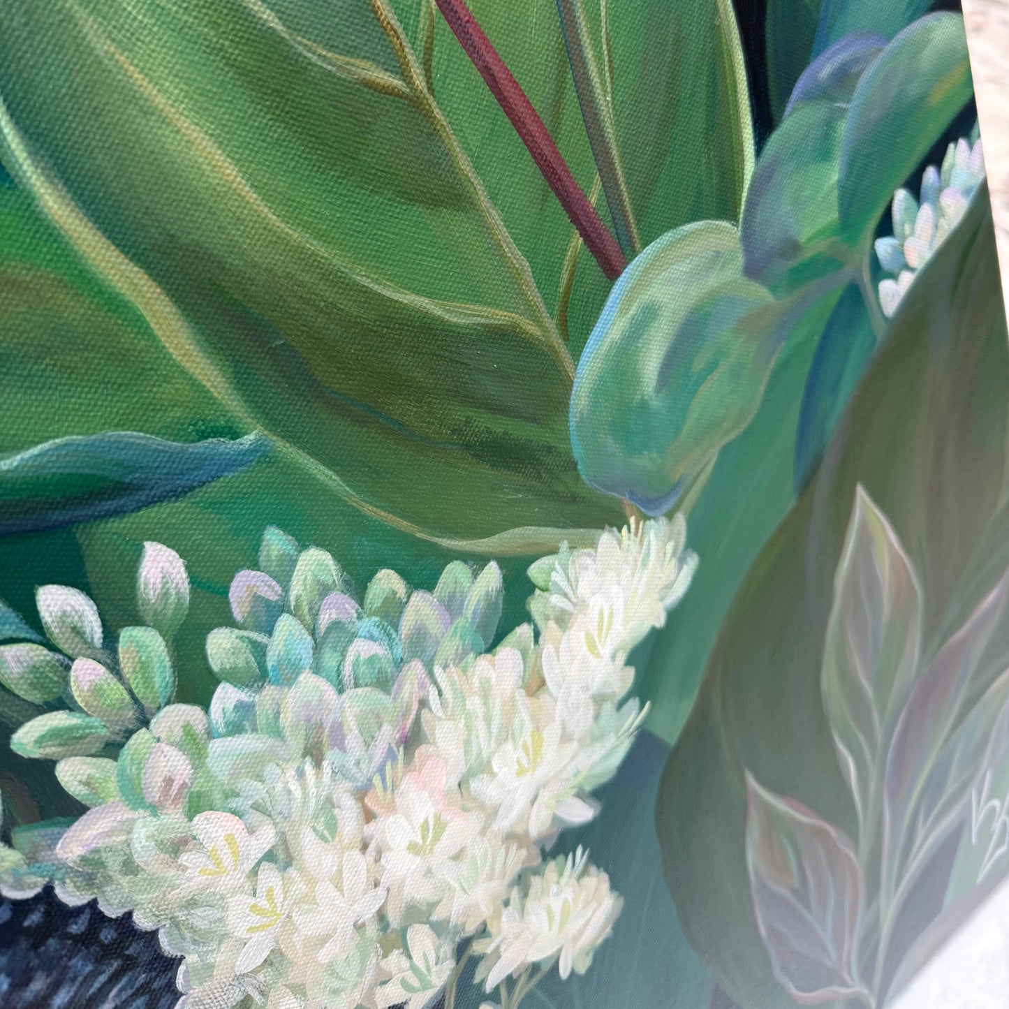 Trail Secrets. Dogwood. Art, decor, optimistic original signed large botanical painting on canvas, green, butterfly