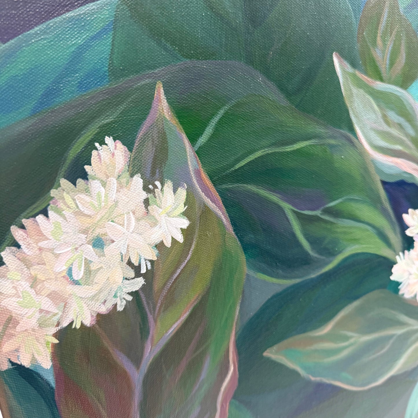 Trail Secrets. Dogwood. Art, decor, optimistic original signed large botanical painting on canvas, green, butterfly