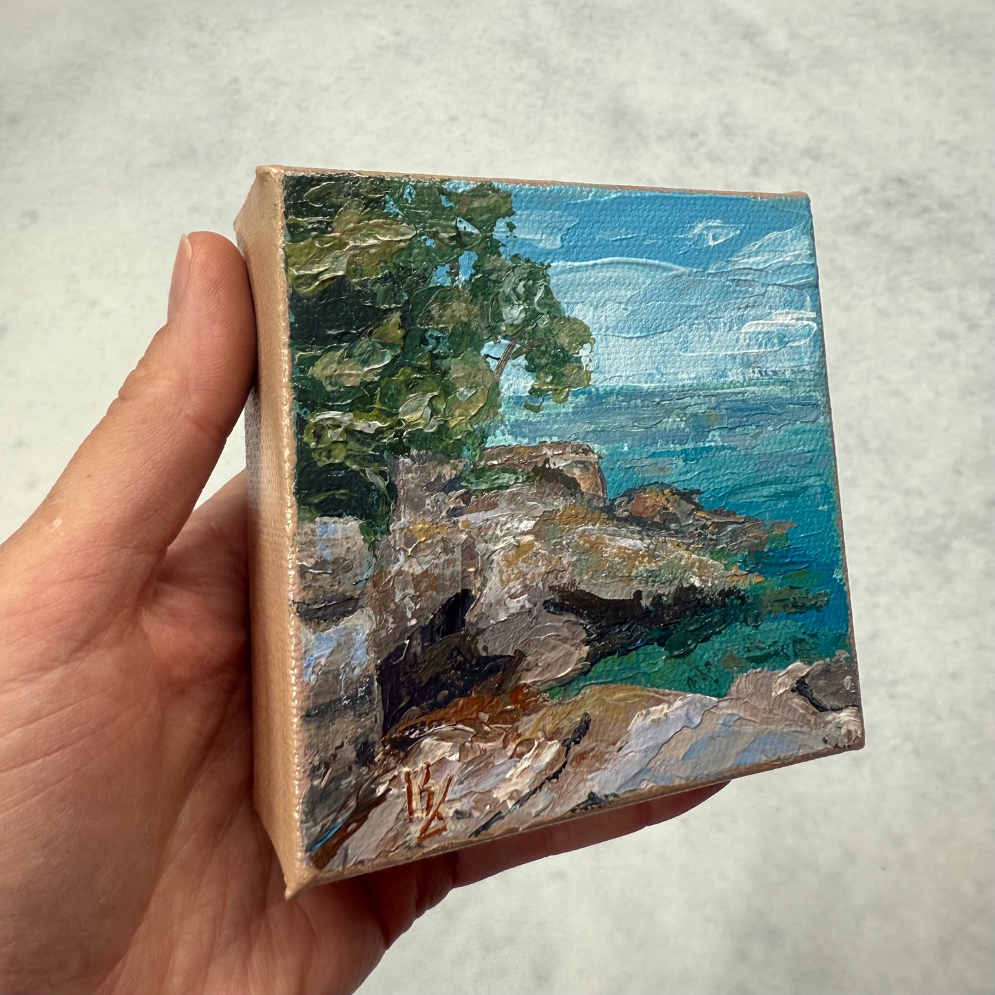 North shore. Tofte. Wall art, shelf decor, small original signed textured painting