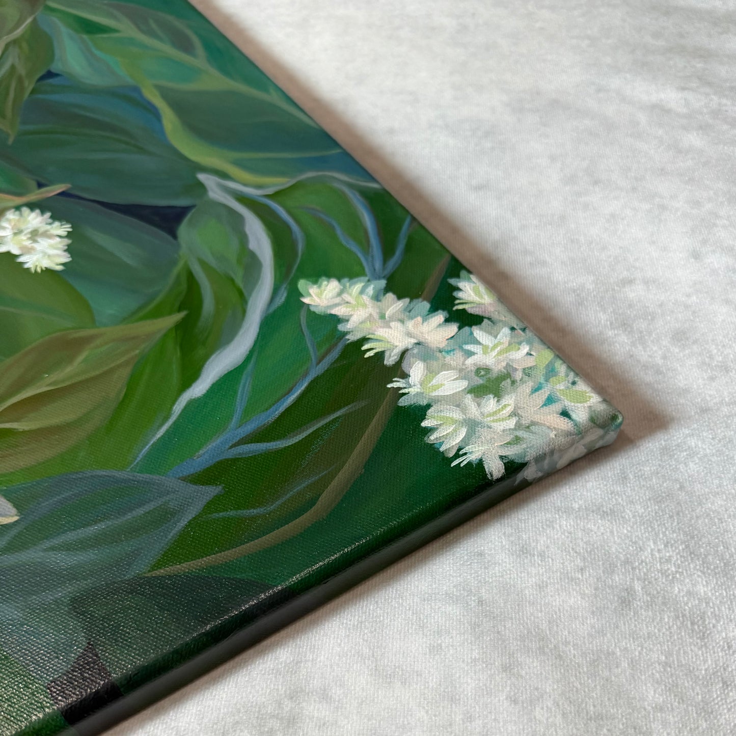 Trail Secrets. Dogwood. Art, decor, optimistic original signed large botanical painting on canvas, green, butterfly