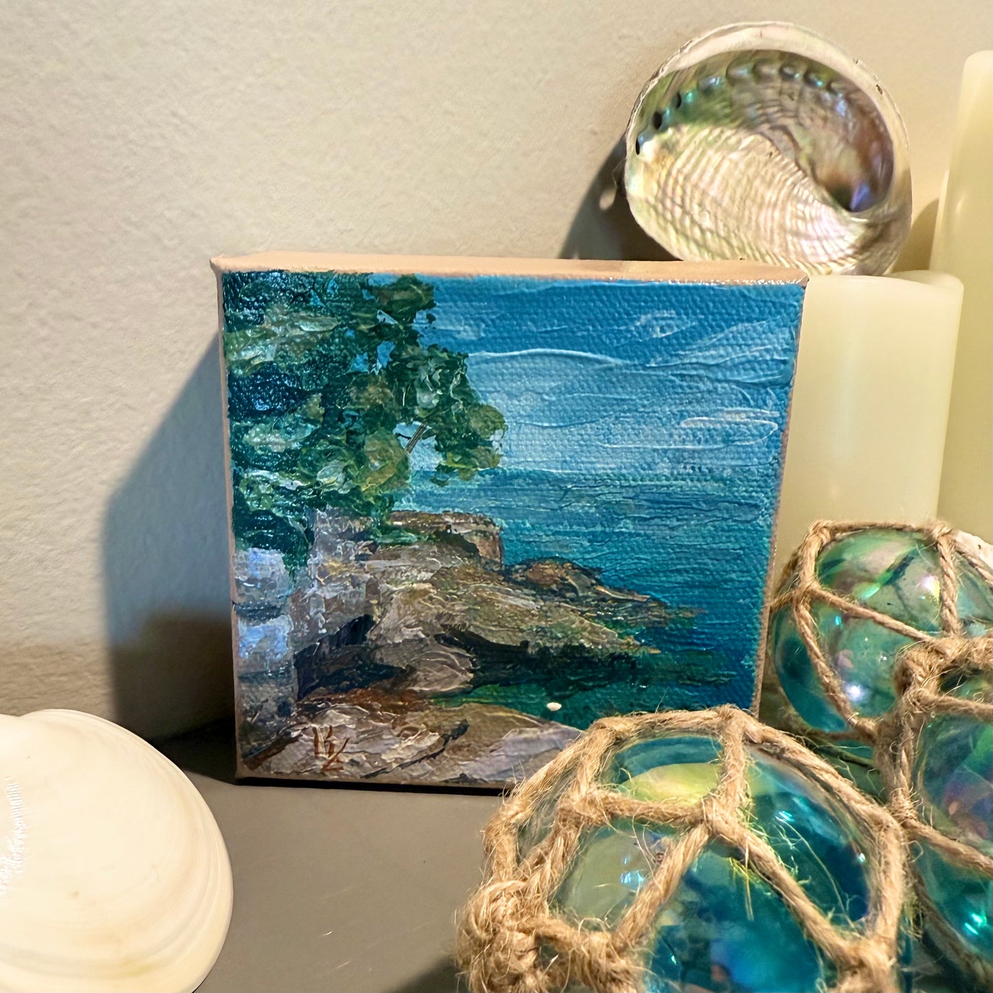 North shore. Tofte. Wall art, shelf decor, small original signed textured painting