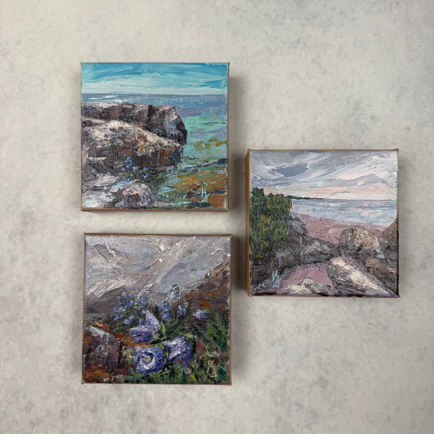 Bellflowers and Lichen. Wall art, shelf decor, small original signed textured painting