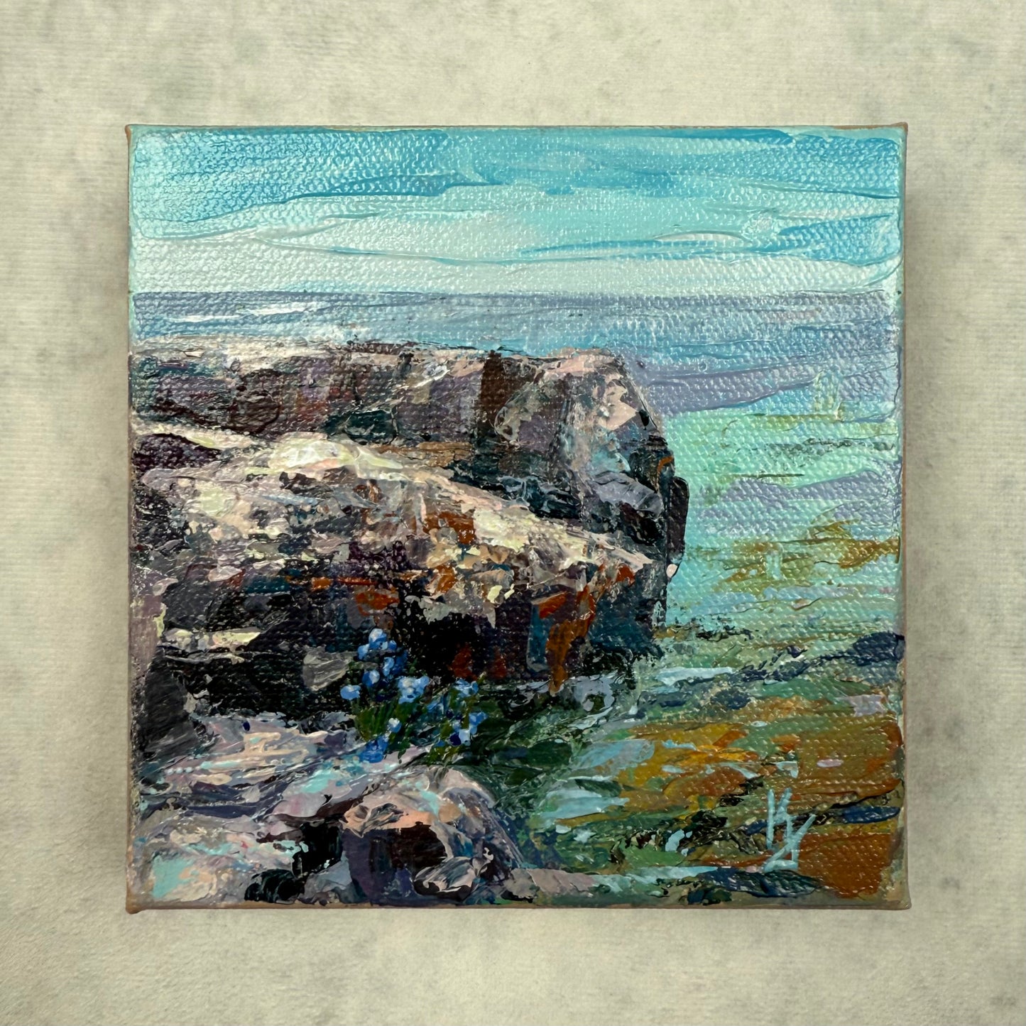 Bellflowers and Endless water. Wall art, shelf decor, small original signed textured painting