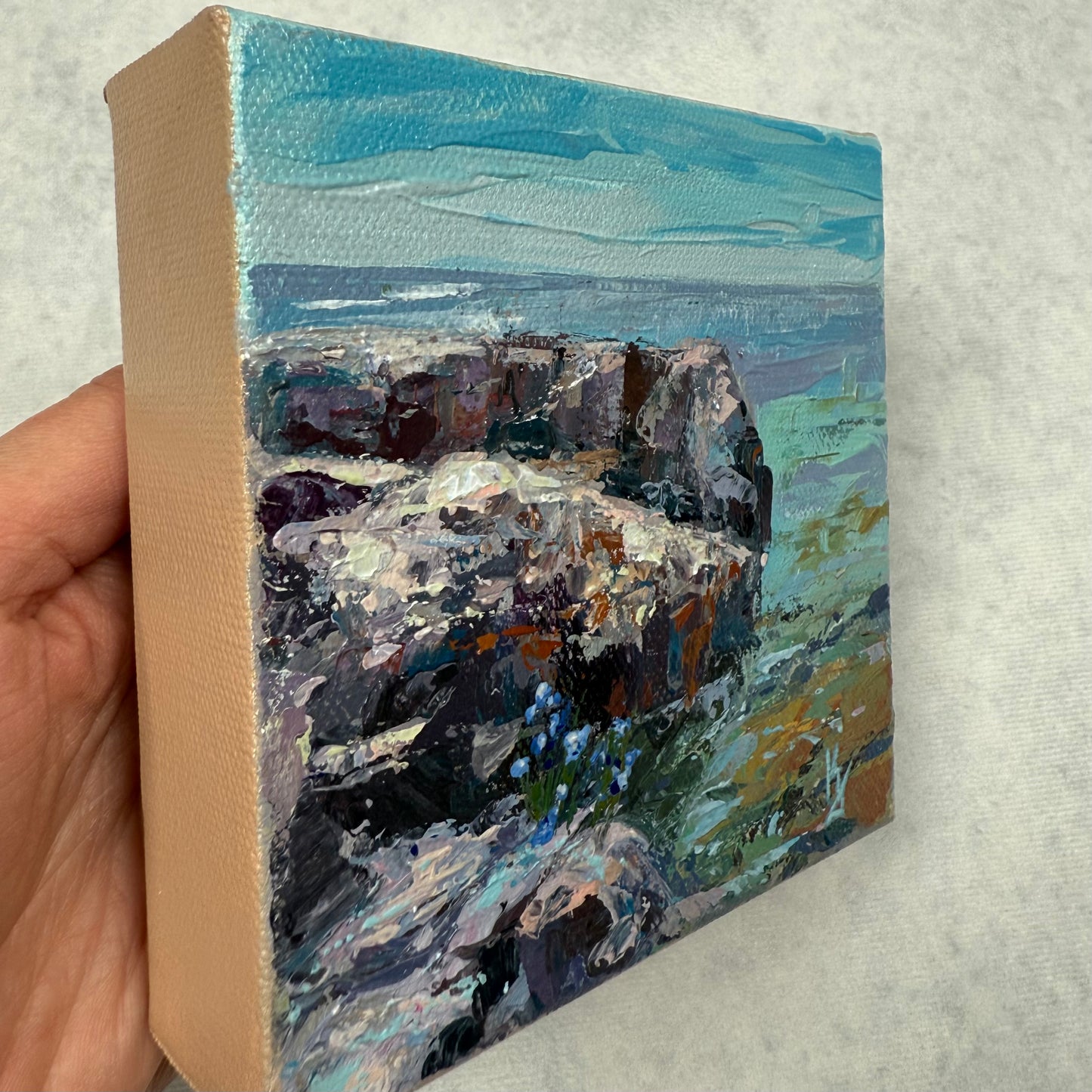 Bellflowers and Endless water. Wall art, shelf decor, small original signed textured painting