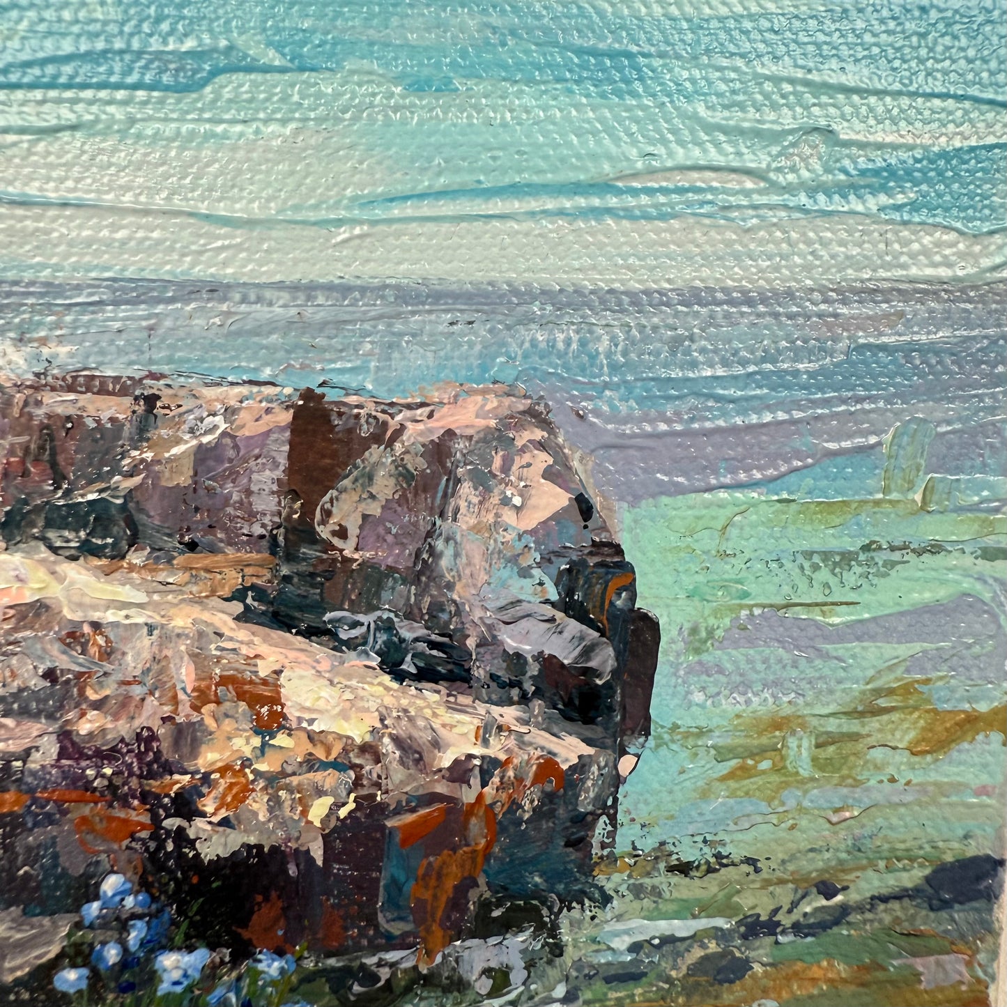 Bellflowers and Endless water. Wall art, shelf decor, small original signed textured painting