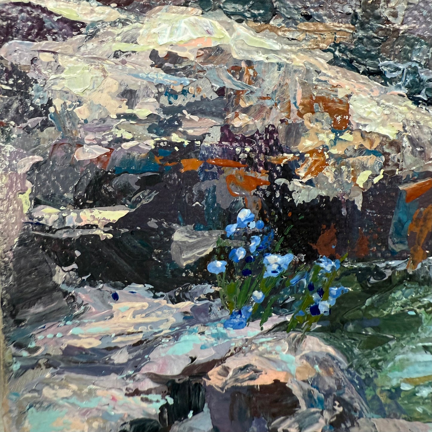Bellflowers and Endless water. Wall art, shelf decor, small original signed textured painting