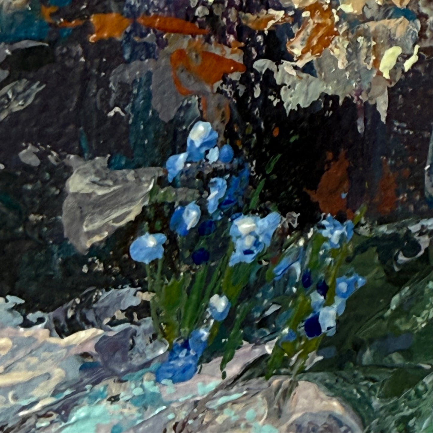 Bellflowers and Endless water. Wall art, shelf decor, small original signed textured painting