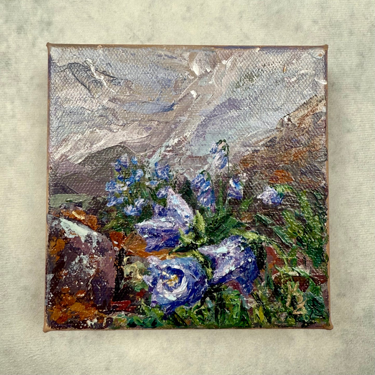 Bellflowers and Lichen. Wall art, shelf decor, small original signed textured painting