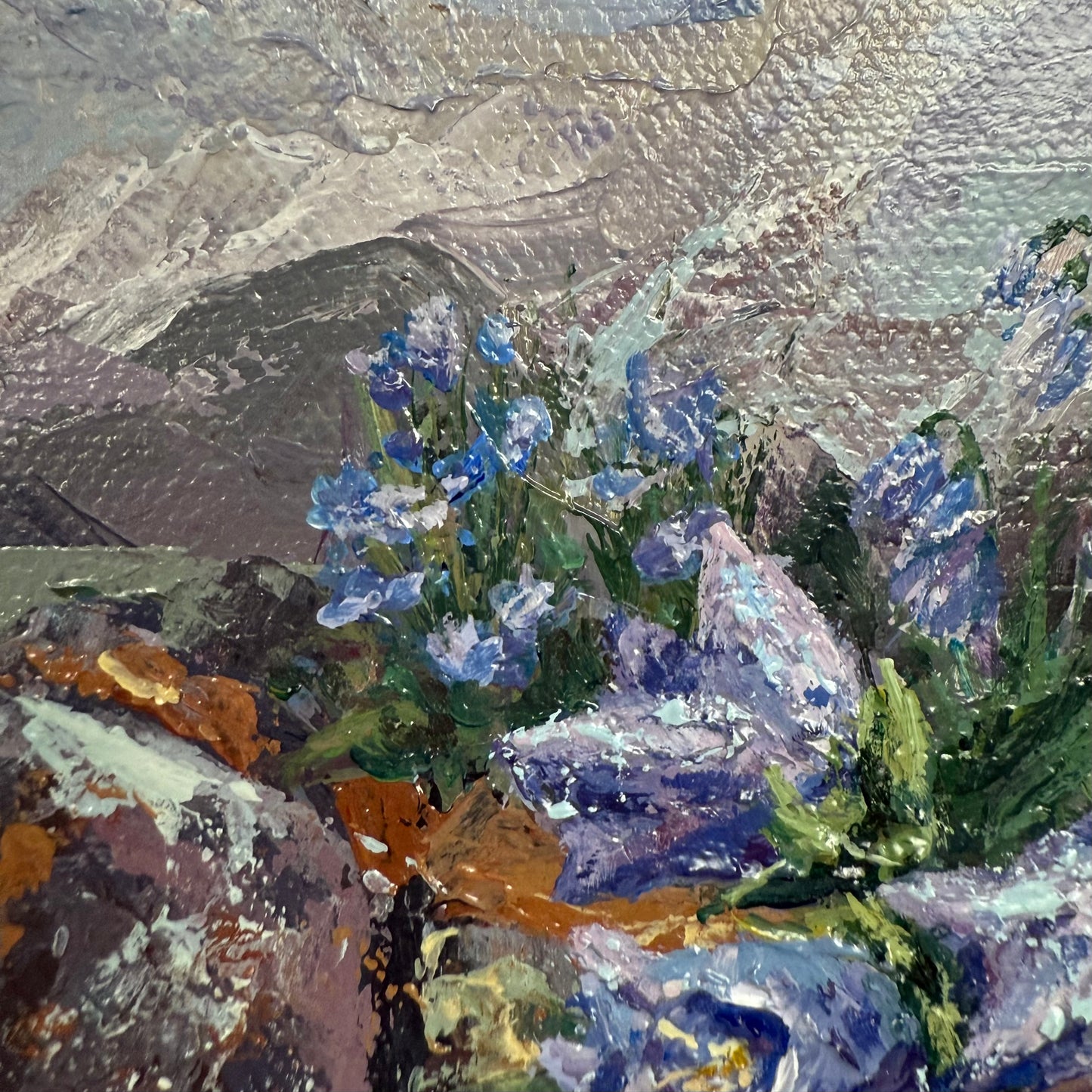 Bellflowers and Lichen. Wall art, shelf decor, small original signed textured painting