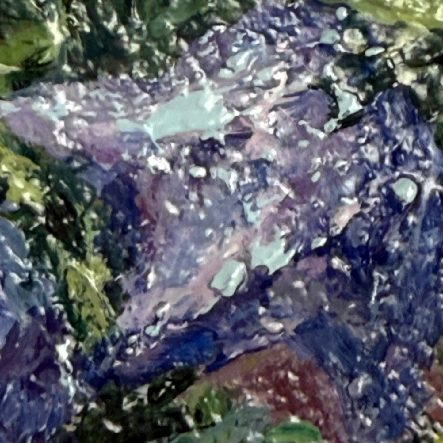 Bellflowers and Lichen. Wall art, shelf decor, small original signed textured painting