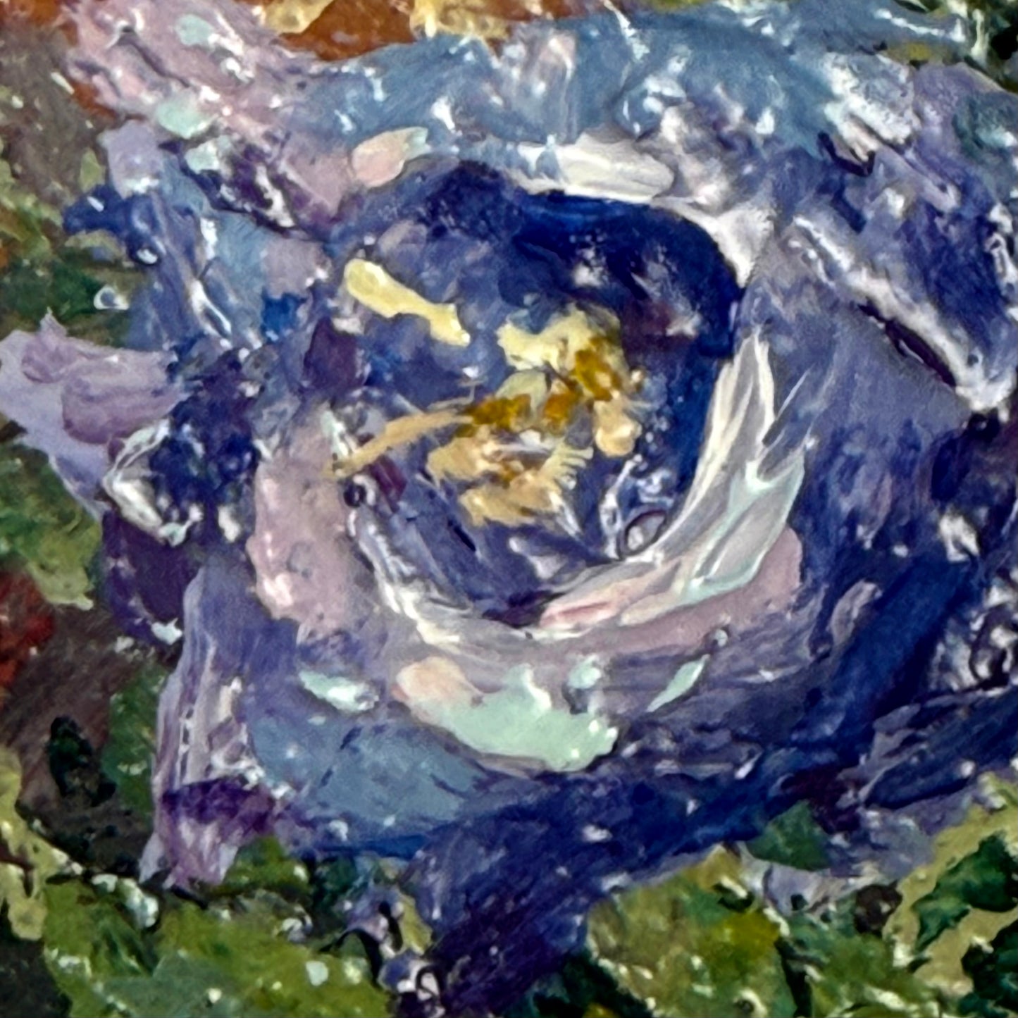 Bellflowers and Lichen. Wall art, shelf decor, small original signed textured painting