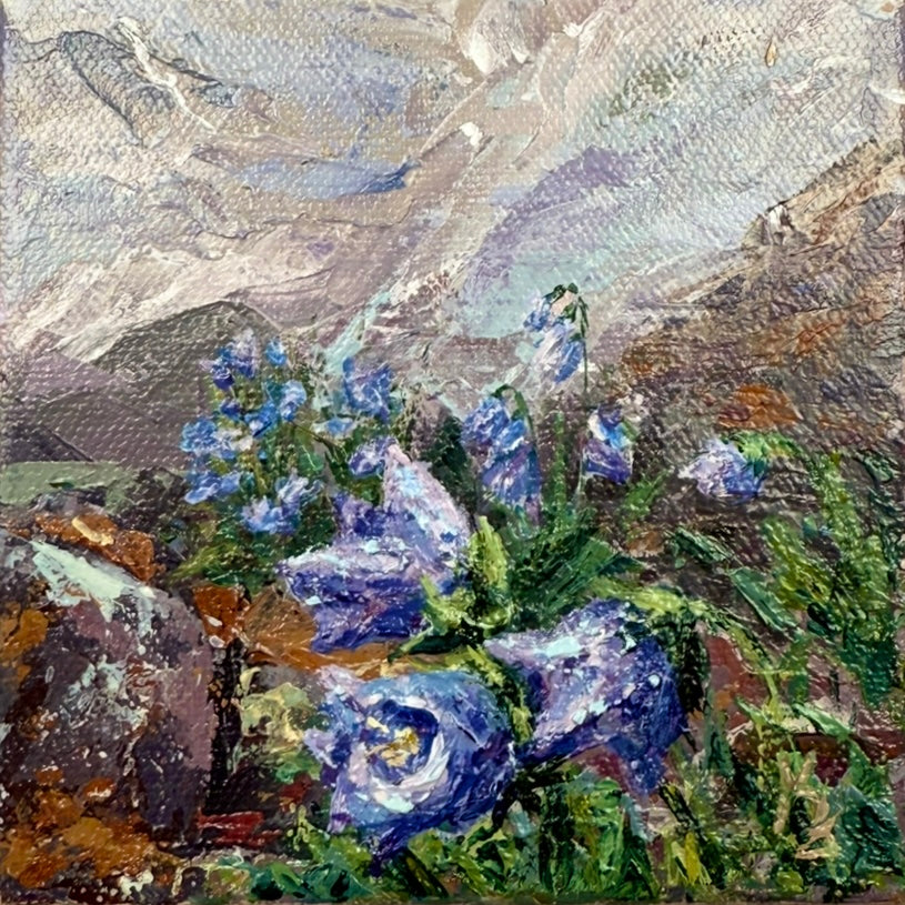 Bellflowers and Lichen. Wall art, shelf decor, small original signed textured painting