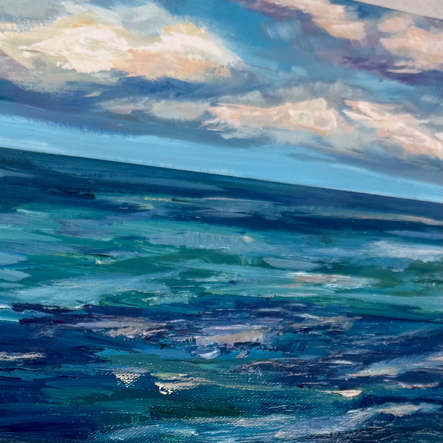 Turquoise Waves. Art, wall decor, optimistic original large textured waves ocean clouds blue green signed painting on canvas