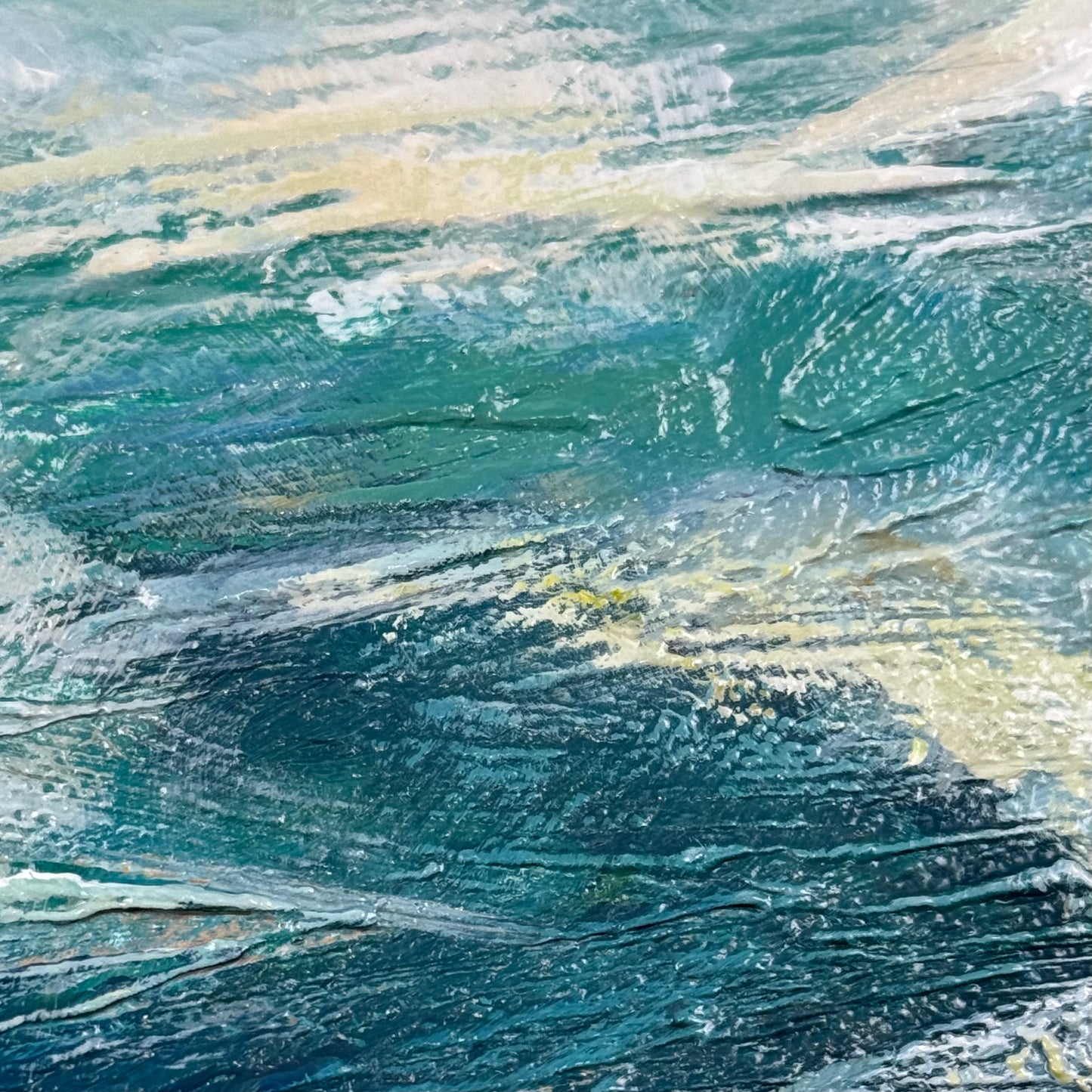 Turquoise Waves. Art, wall decor, optimistic original large textured waves ocean clouds blue green signed painting on canvas