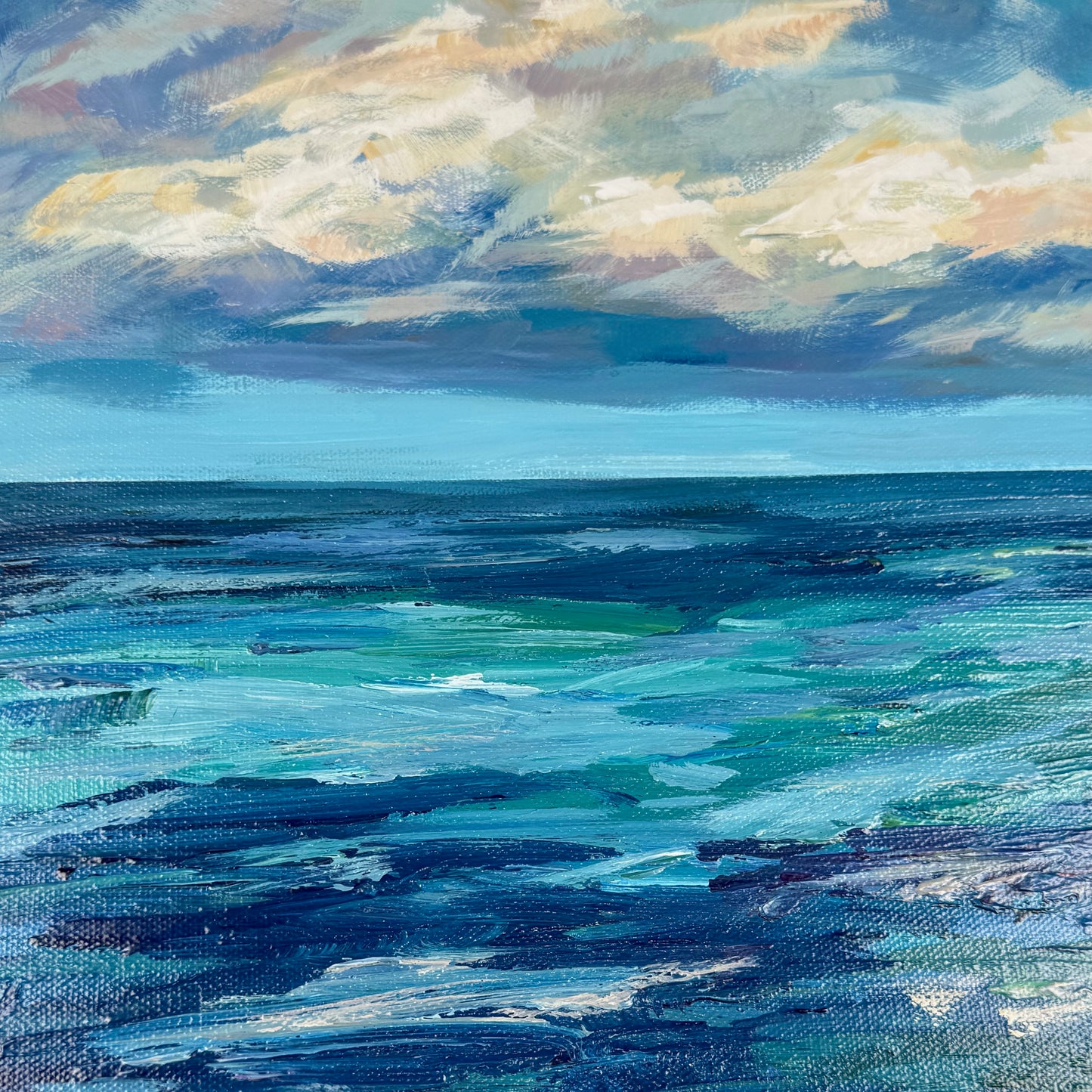 Turquoise Waves. Art, wall decor, optimistic original large textured waves ocean clouds blue green signed painting on canvas