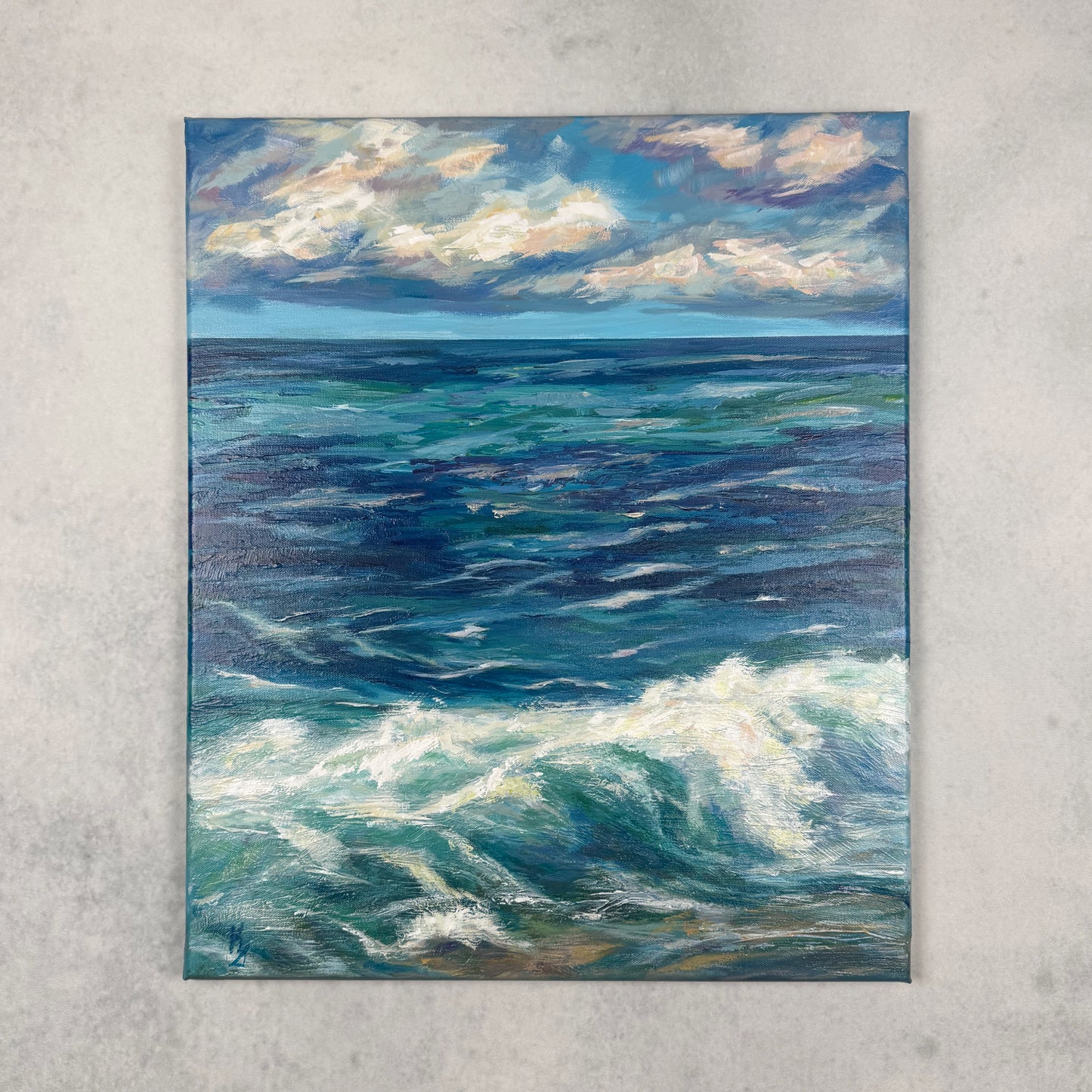Turquoise Waves. Art, wall decor, optimistic original large textured waves ocean clouds blue green signed painting on canvas