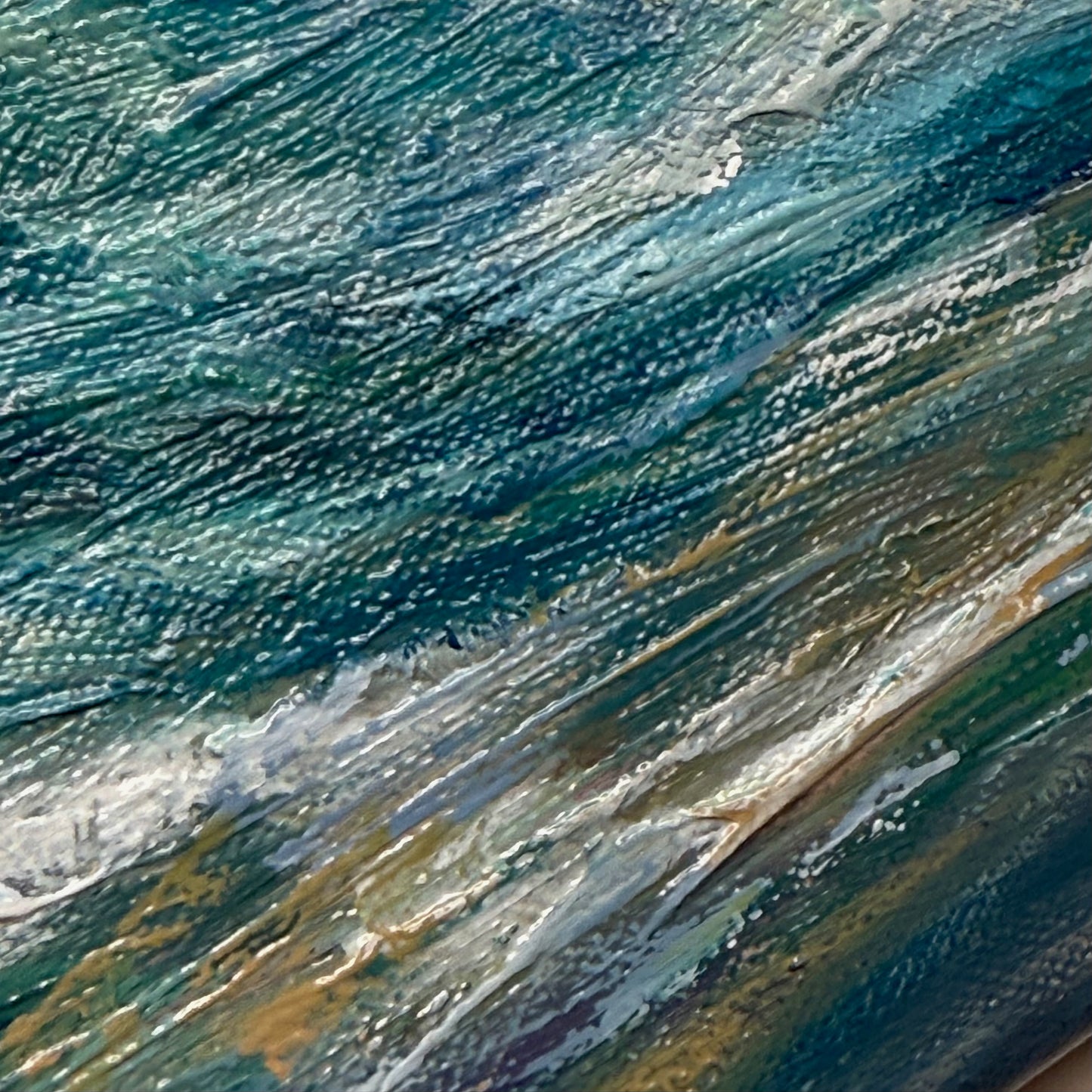 Turquoise Waves. Art, wall decor, optimistic original large textured waves ocean clouds blue green signed painting on canvas