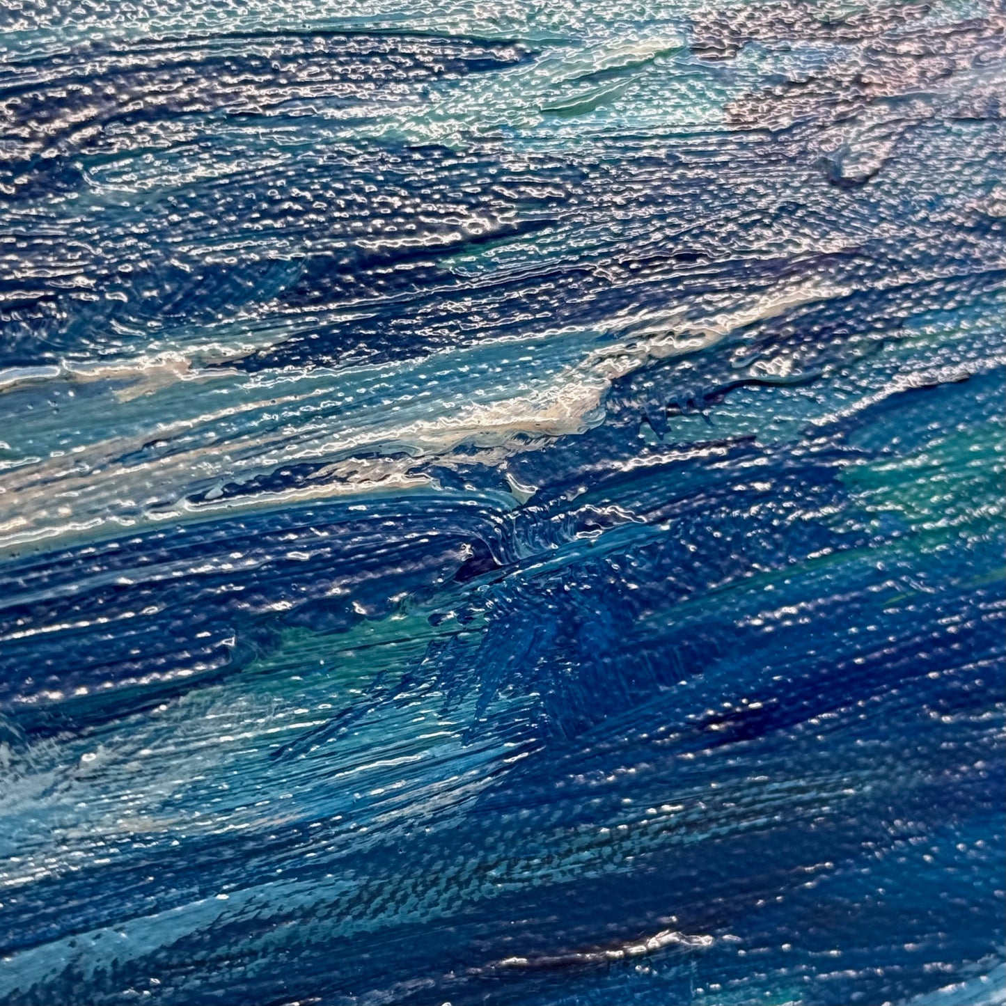 Turquoise Waves. Art, wall decor, optimistic original large textured waves ocean clouds blue green signed painting on canvas