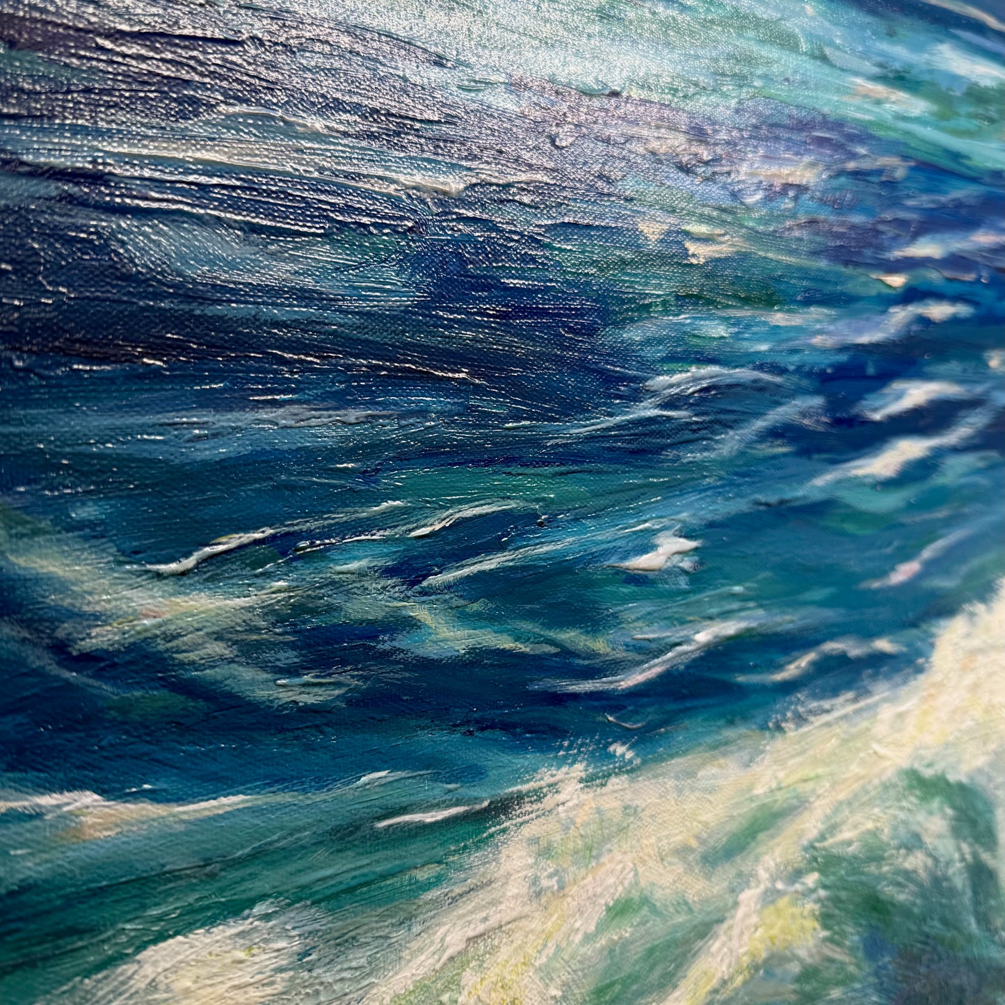 Turquoise Waves. Art, wall decor, optimistic original large textured waves ocean clouds blue green signed painting on canvas