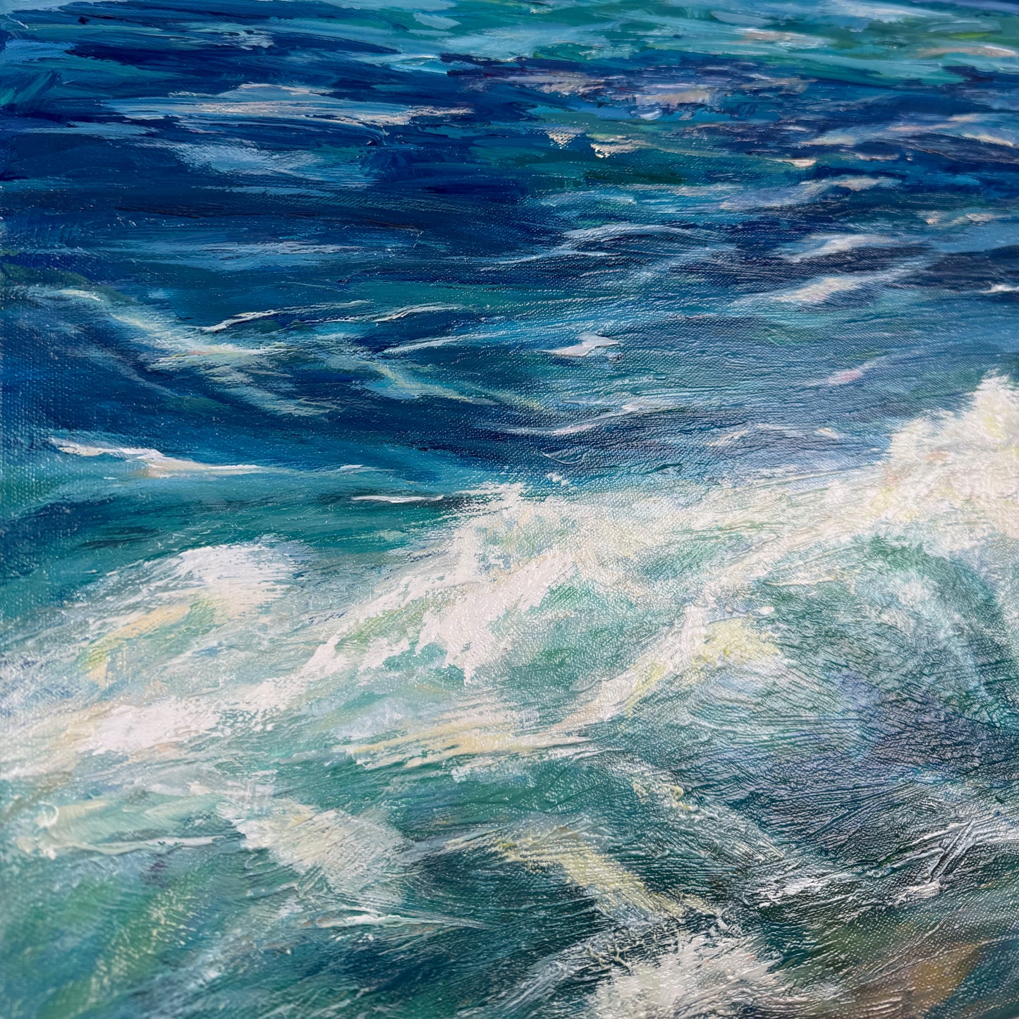 Turquoise Waves. Art, wall decor, optimistic original large textured waves ocean clouds blue green signed painting on canvas