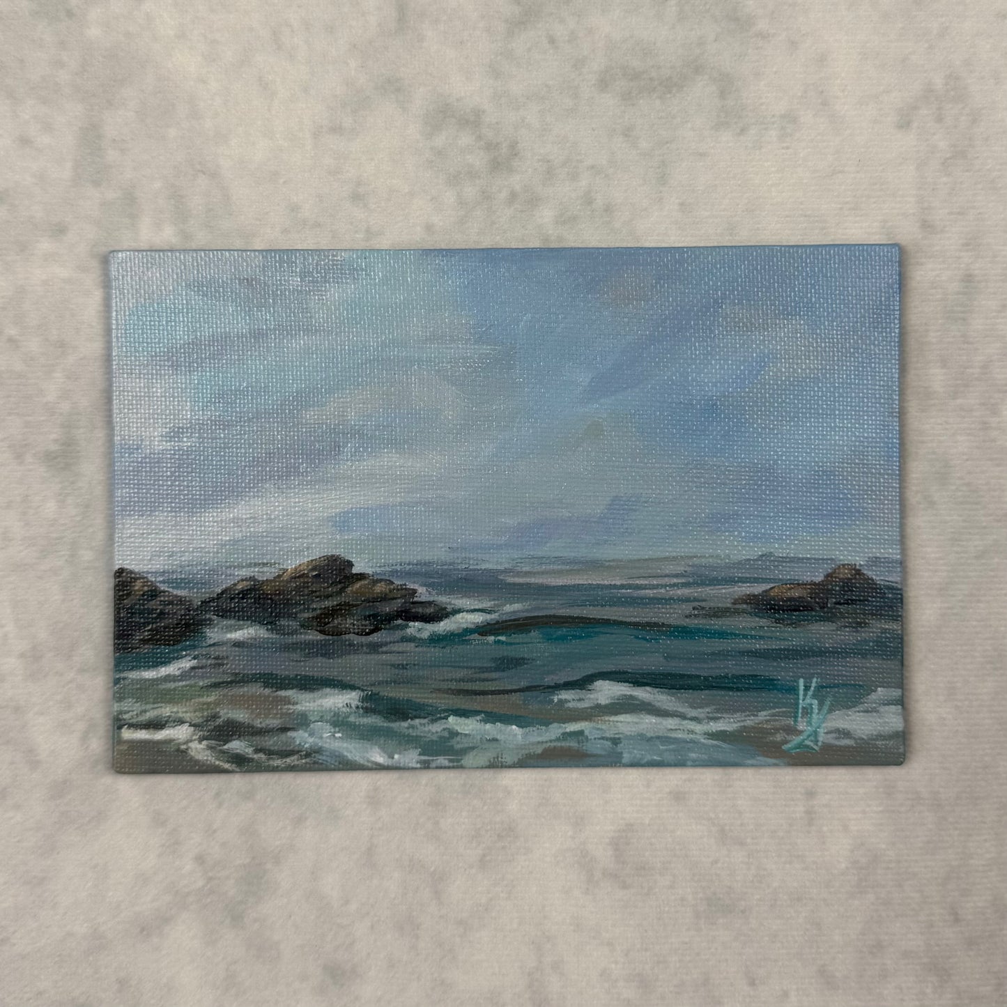 Big water. Haze. Art, decor, original optimistic small painting on canvas, blue, shore, grey
