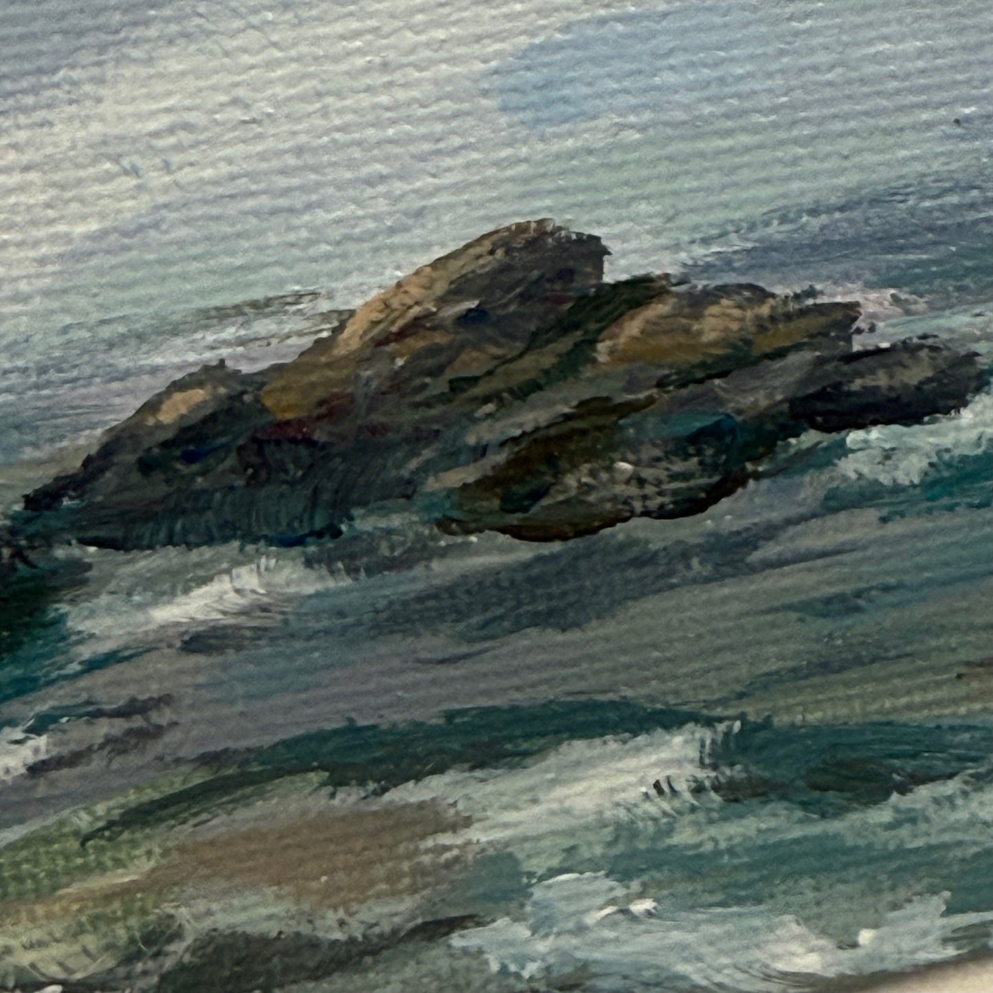 Big water. Haze. Art, decor, original optimistic small painting on canvas, blue, shore, grey
