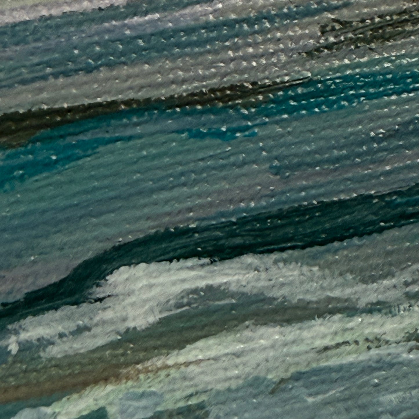 Big water. Haze. Art, decor, original optimistic small painting on canvas, blue, shore, grey