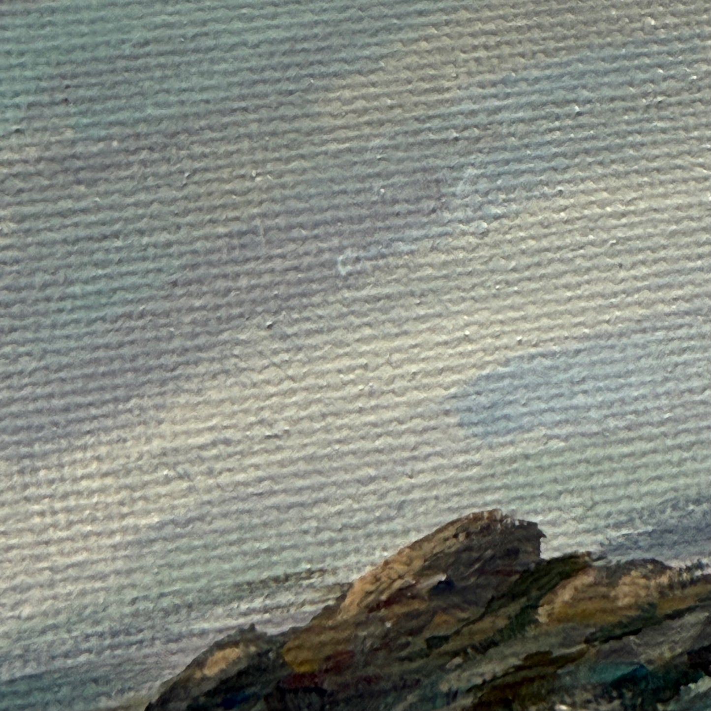 Big water. Haze. Art, decor, original optimistic small painting on canvas, blue, shore, grey