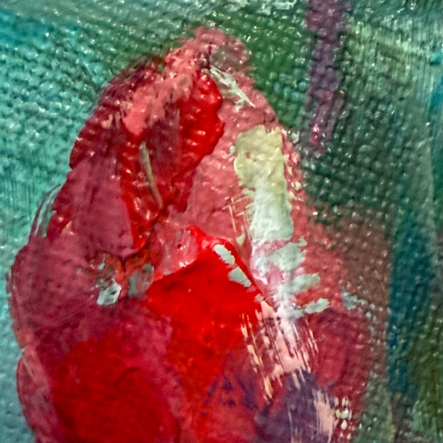 Crimson eustoma blooms. Wall art, optimistic original textured flowers painting on canvas, red, green