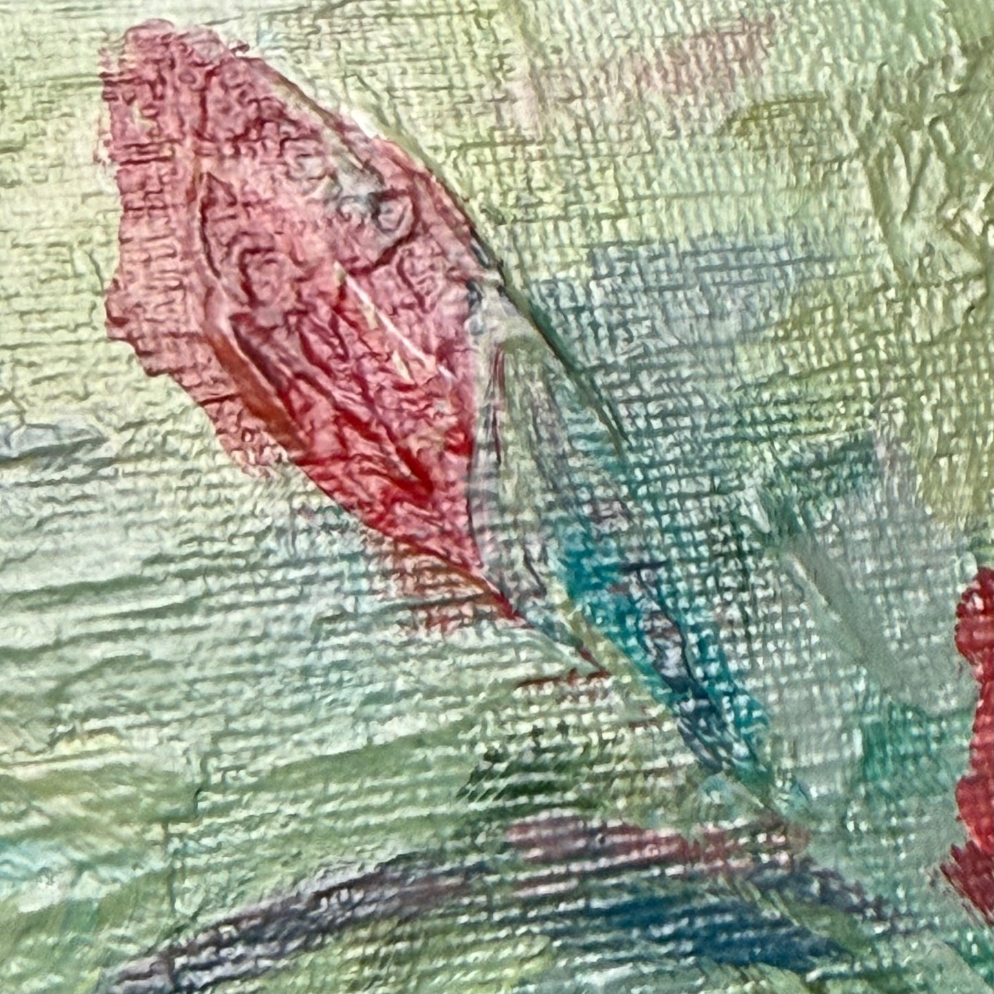 Crimson eustoma blooms. Wall art, optimistic original textured flowers painting on canvas, red, green