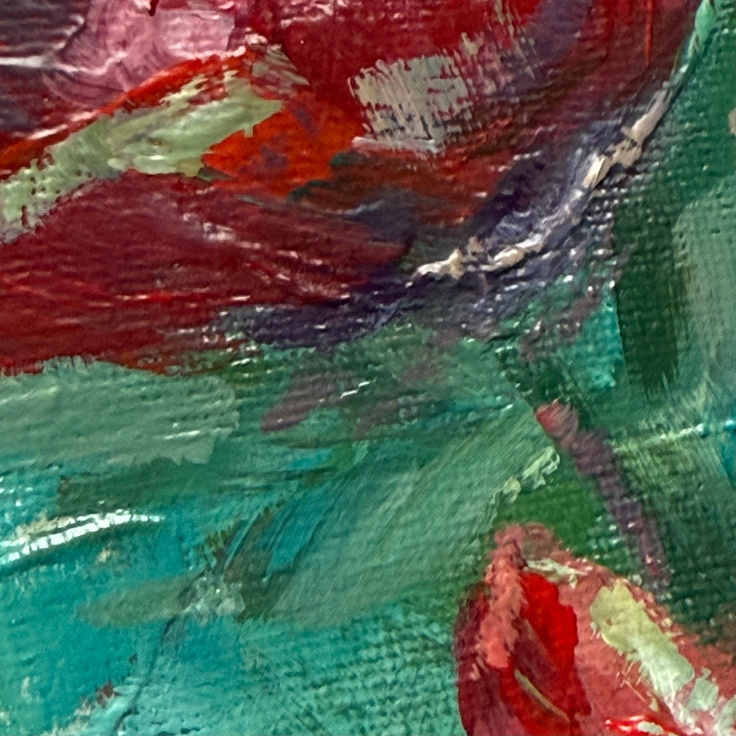 Crimson eustoma blooms. Wall art, optimistic original textured flowers painting on canvas, red, green